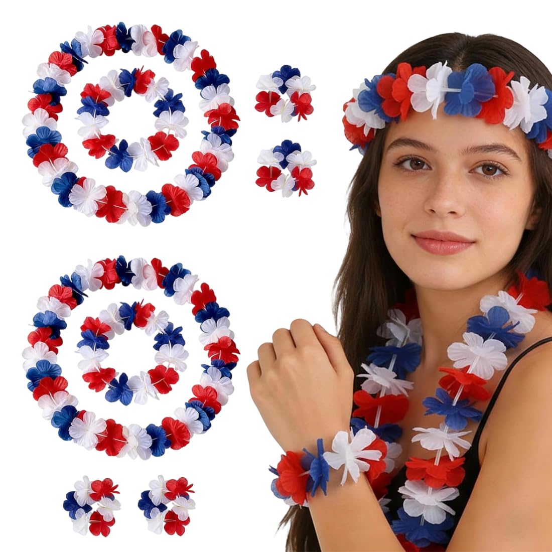 2 ensembles guirlandes hawaïennes France - Comprend bandeau, collier et bracelet, pour décorations de la Coupe du Monde 2026 et articles de football (Bleu Blanc Rouge)