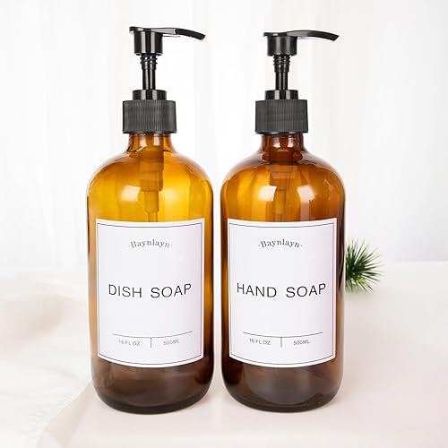 Miniatura 5 de Dispensador de jabón de vidrio ámbar con bomba antioxidante. Dispensador de jabón recargable de cocina y baño para jabón de platos, desinfectante de