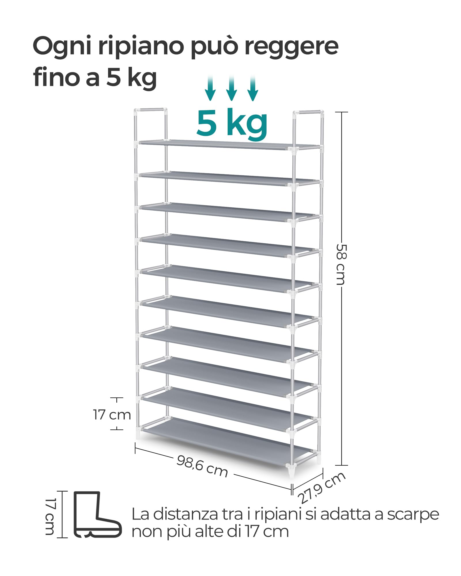 SONGMICS Scarpiera a 10 Livelli, Scaffale Portascarpe, Fino a 50 Paia di Scarpe, in Soggiorno, Ingresso, Guardaroba, Tessuto Non Tessuto, 100 x 29 x 175 cm, Grigio LSR10G