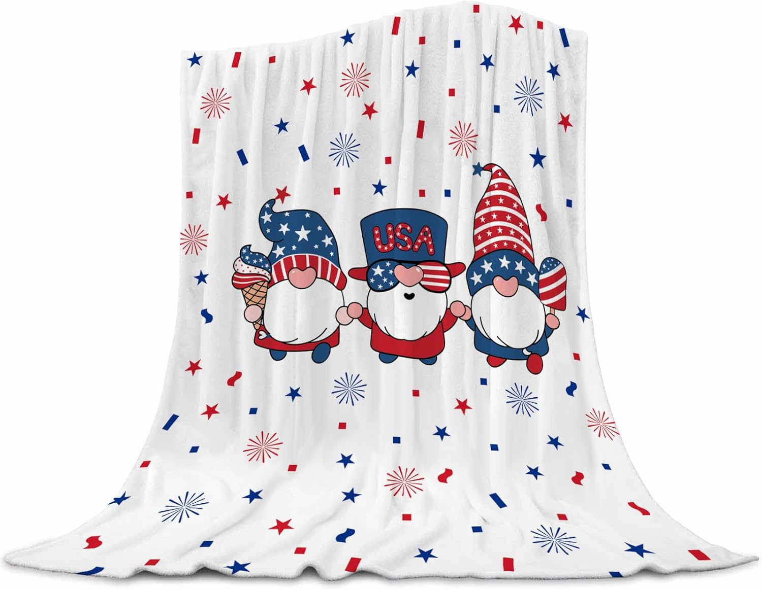 4th of July Throw Blanket Gnomes Patriotic Blanket, Memorial Day Blanket, 4th of July Decoration Bed Flannel Plush Super Soft Quilt Throw for Sofa Couch 60x80 inches