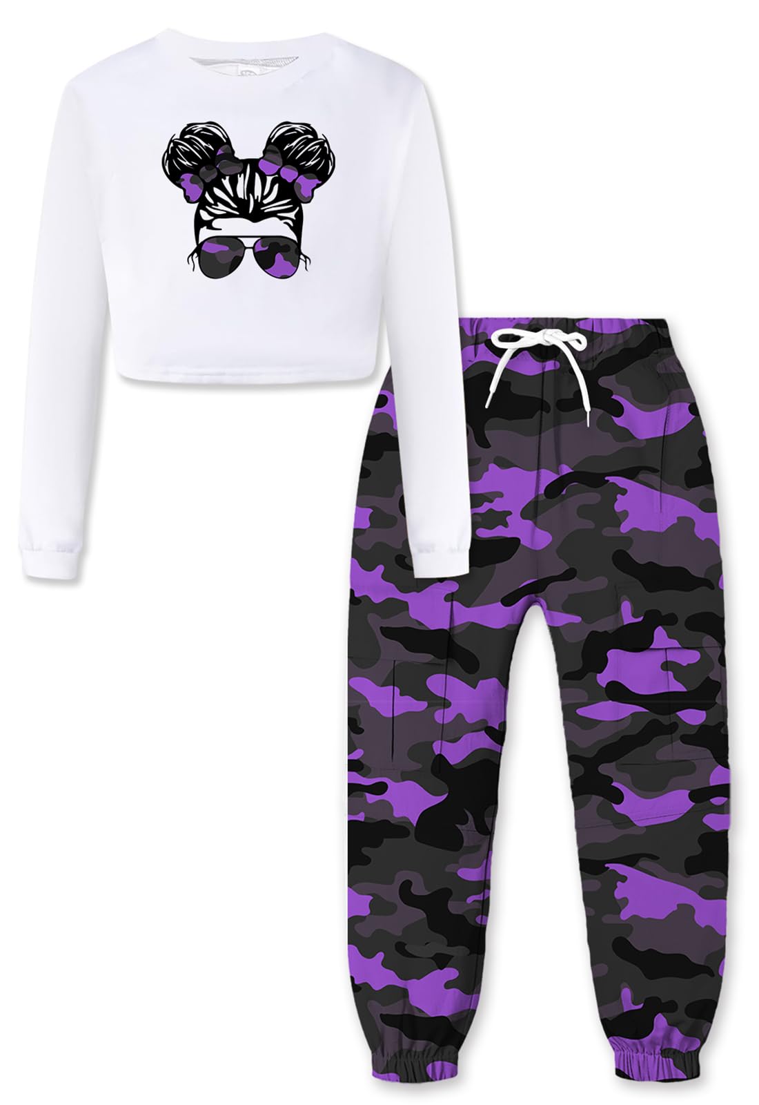 Betusline Girls 2 Piece Outfits Long Sleeve Tee Shirts and Cargo Jogger Pants Outfits, 4T-14 Years