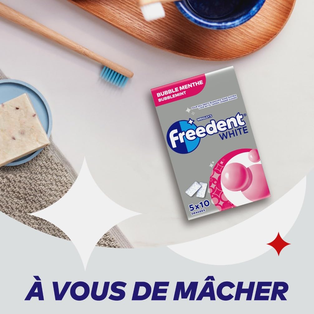 FREEDENT WHITE Guma do Żucia Bez Cukru Bubble Mentha 70g 5 x 10 Sztuk