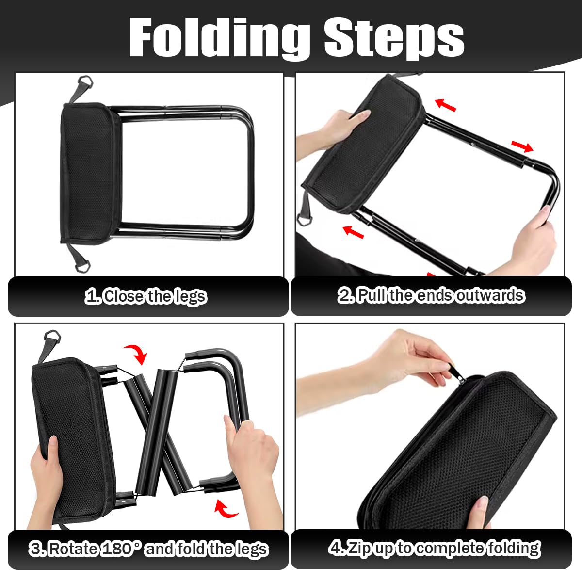 Sedia Pieghevole Portatile, Mini Sedia Pieghevole per Esterni con Tracolla e Sacchetto a Rete, Sgabello Pieghevole da Campeggio per Viaggi Escursionismo Giardino Pesca Barbecue (Black)