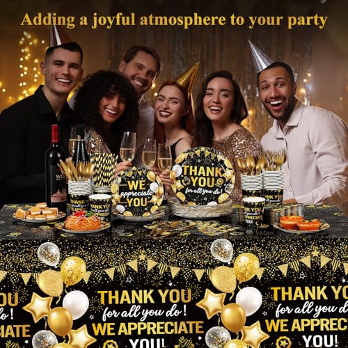 Image of Funnymoom 452 Pcs Black Gold We Appreciate You Decoration for 50, Thank You Paper Plates Napkins Cups Tablecloth Set for Administrative Professional Day Employee Teacher Volunteer Appreciation Supply