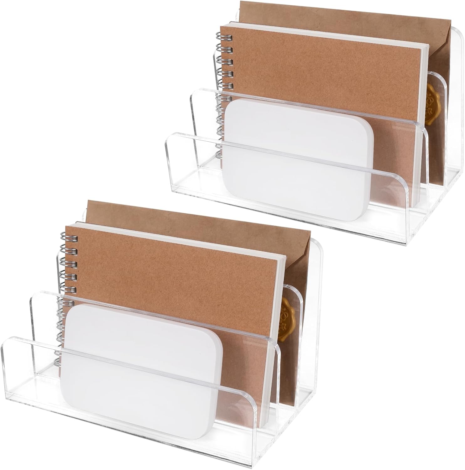 Acrylic Mail Organizer File Holder for Desk 2 PCS, 3 Compartments Clear Desktop Vertical Letter Sorter for Envelopes, Bill, Document, Notebook,Countertop Folder for Office, Home & School