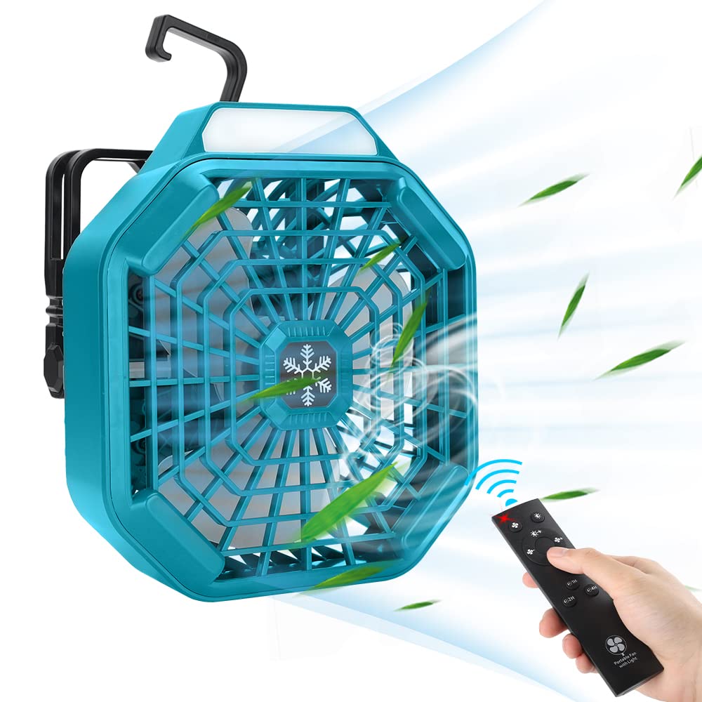Choerinton Portable Fan Compatible with Makita 18V Battery Powered Portable Fans with Hanging Hook, Remote, 180LM LED Light,3 Speed for Tent RV Bed Trip Job Site(Tool Only)