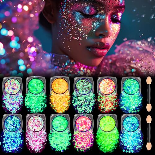 COKOHAPPY Festival Glitter Gel para rostro, cuerpo y cabello - 12 colores UV fluorescentes brillantes no requiere pegamento, fácil de lavar, decoración para carnaval maquillaje