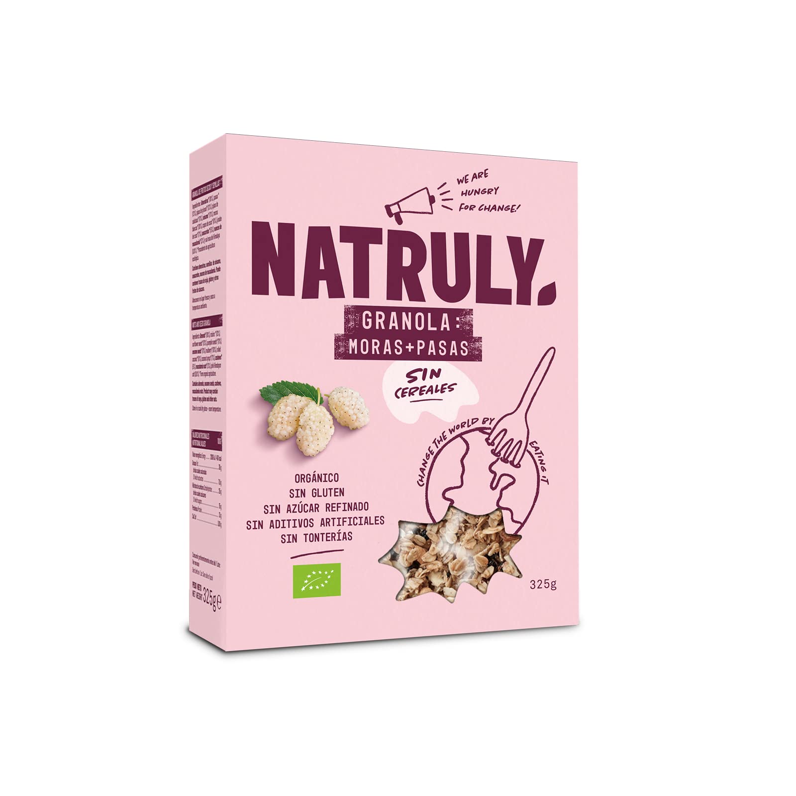 NATRULY Granola BIO Sin Azúcar Refinado, Sin Gluten, Solo Frutos Secos y Semillas, Sin Cereales, Sabor Moras y Pasas - Pack 6x325g