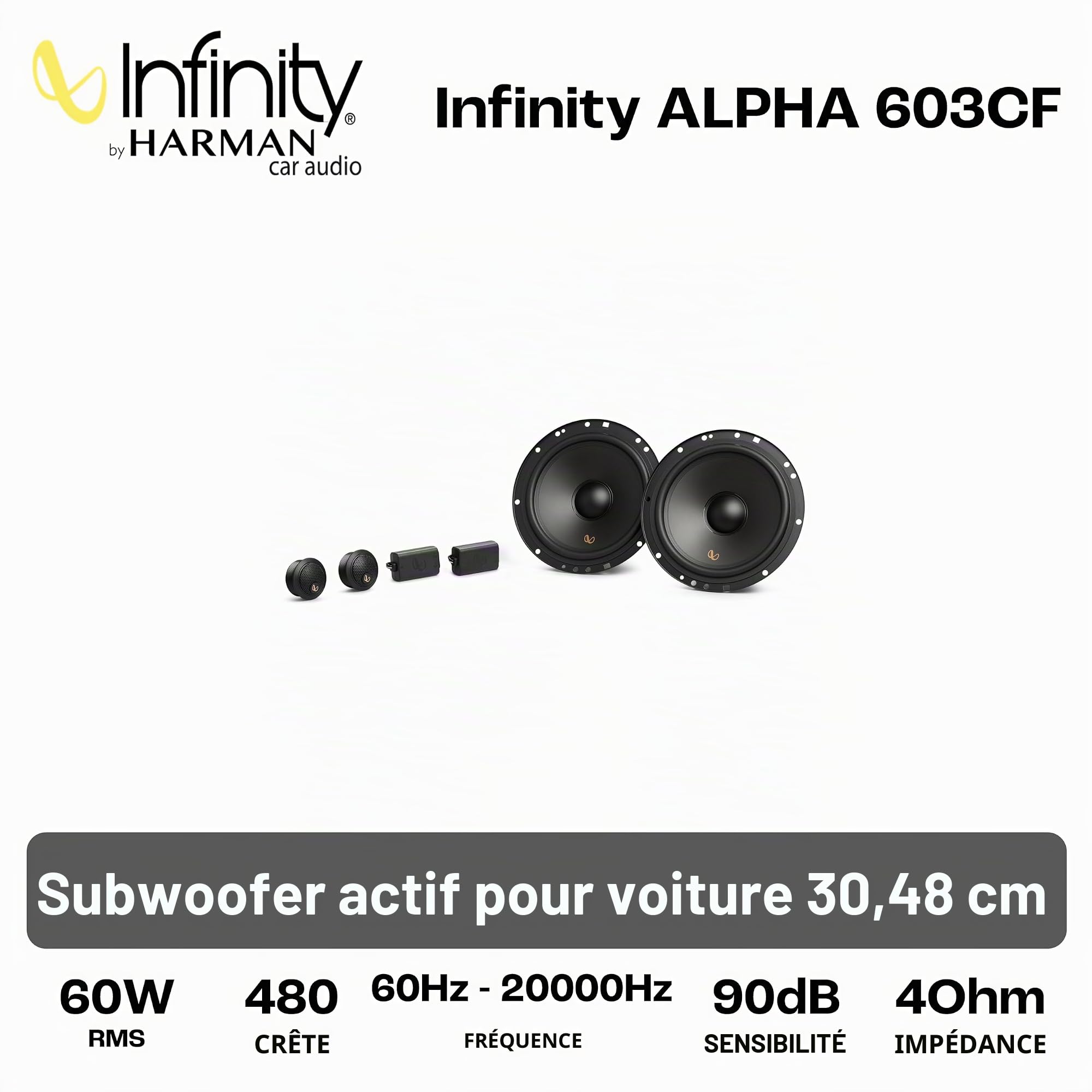Infinity Alpha 603CF 6.5 in / 16.5 cm Haut-Parleur Composant Voiture | 90 W RMS / 720 W max, 90 dB, 4 Ohm, 60 Hz-20 kHz - tweeter PEI edge-driven - woofer Plus One polypropylène - kit composant