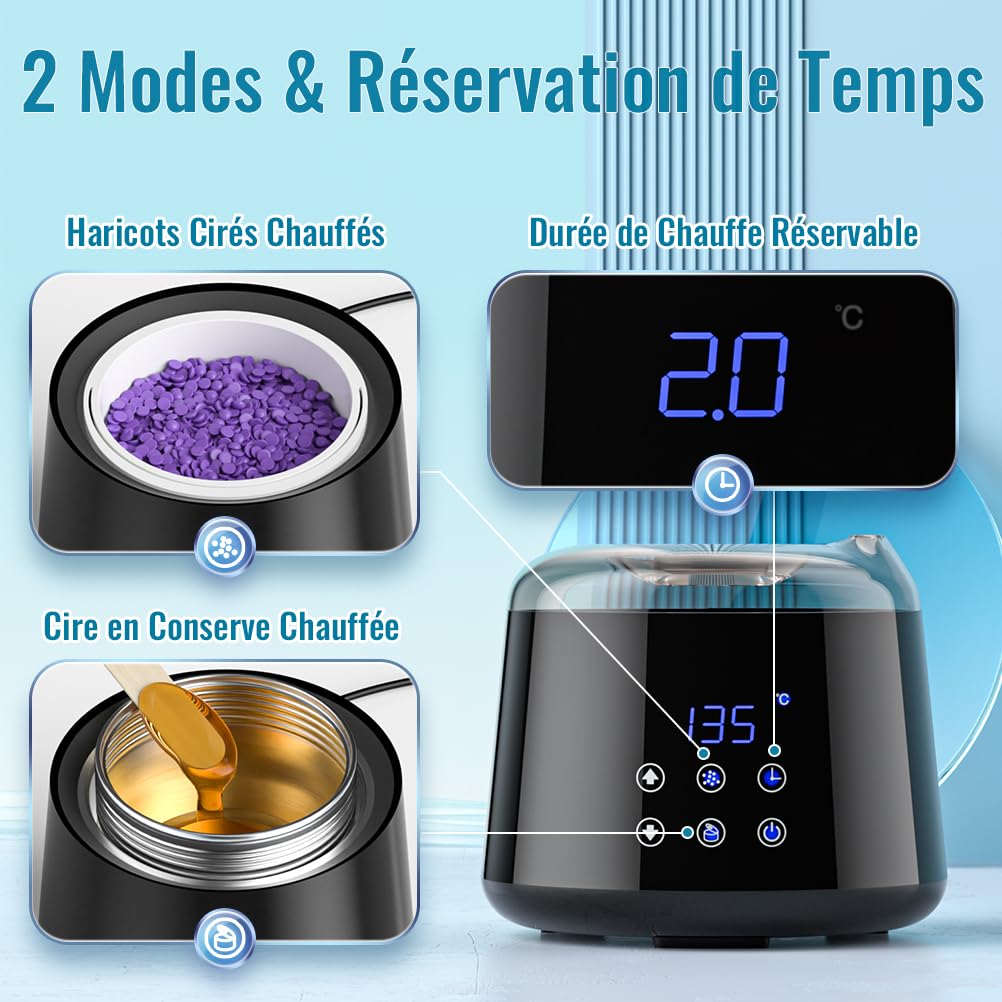 500ML Chauffe Cire, Réglable 30-135°C, Appareil a Cire Chaude Épilation Avec Fonction de Chauffage Différé, Bol en Silicone, Kit Epilation