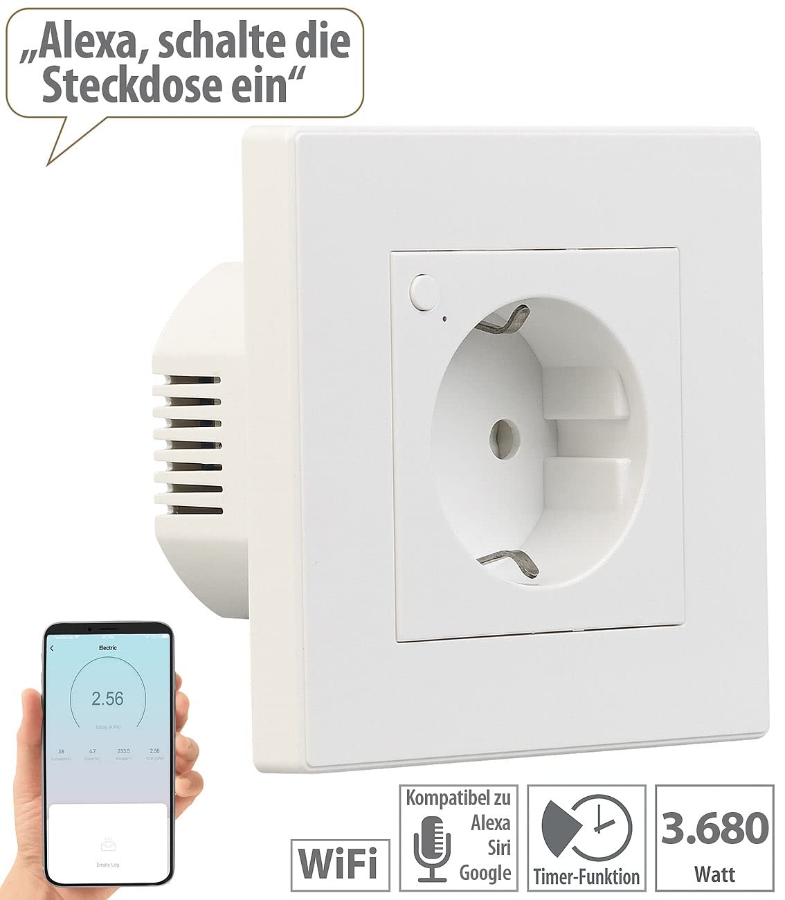 Luminea Home Control Alexa Smart Steckdose: 10er-Set WLAN-Unterputz-Steckdosen mit Verbrauch-Messung, App, 3.680 W (Unterputz-Steckdose Alexa, Programmierbare WLAN)