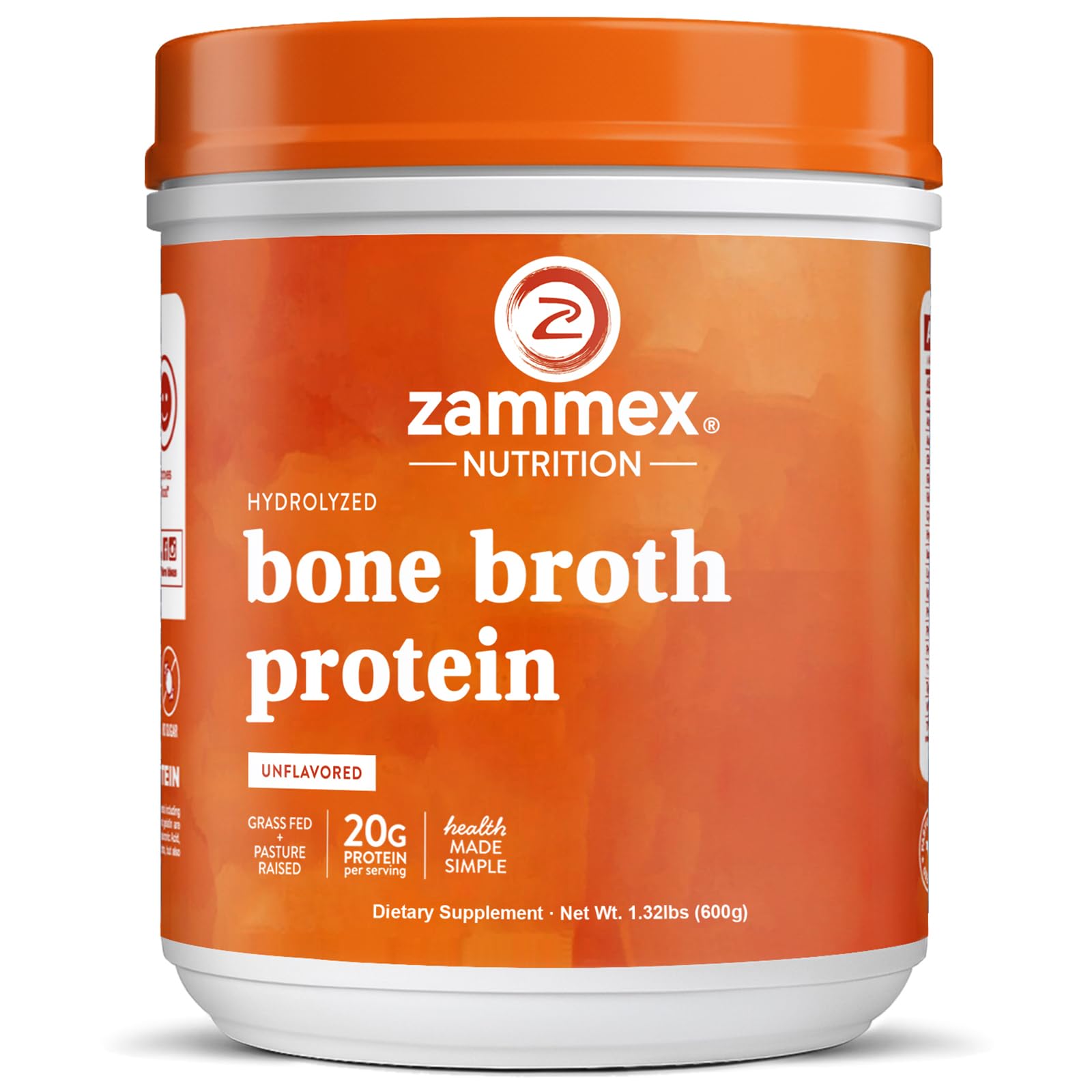 Zammex Pure Grass Fed Beef Bone Broth Protein Powder,20g Protein, Hydrolyzed Collagen Supplement for Healthy Skin,Nails,Hair,Joints, Non-GMO,Gluten Free,Paleo & Keto Friendly, Great in Soup