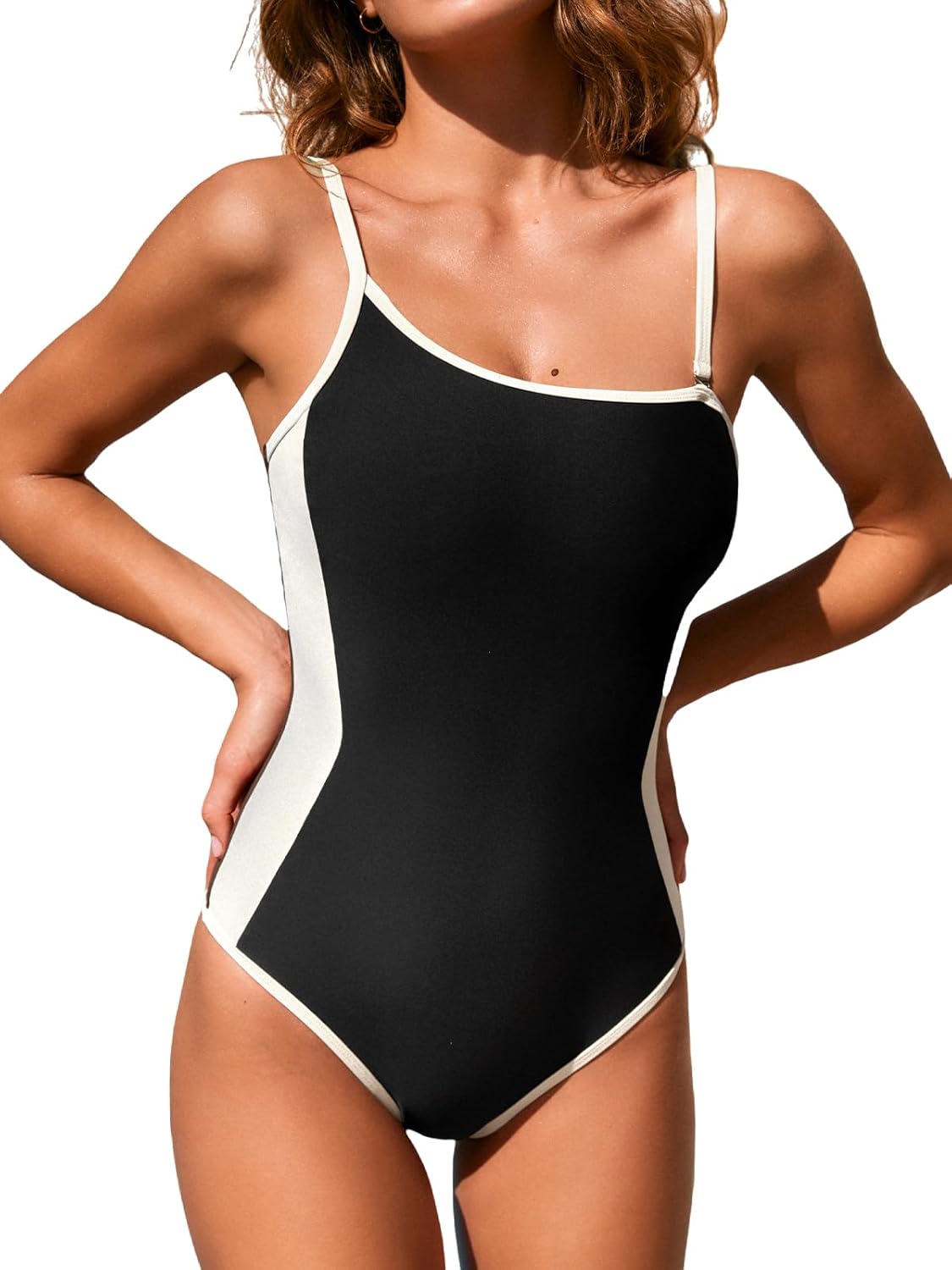 CUPSHE Women's One Piece Swimsuit One Shoulder Removable Straps Adjustable Bathing Suit Color Block Slimming Swimwear