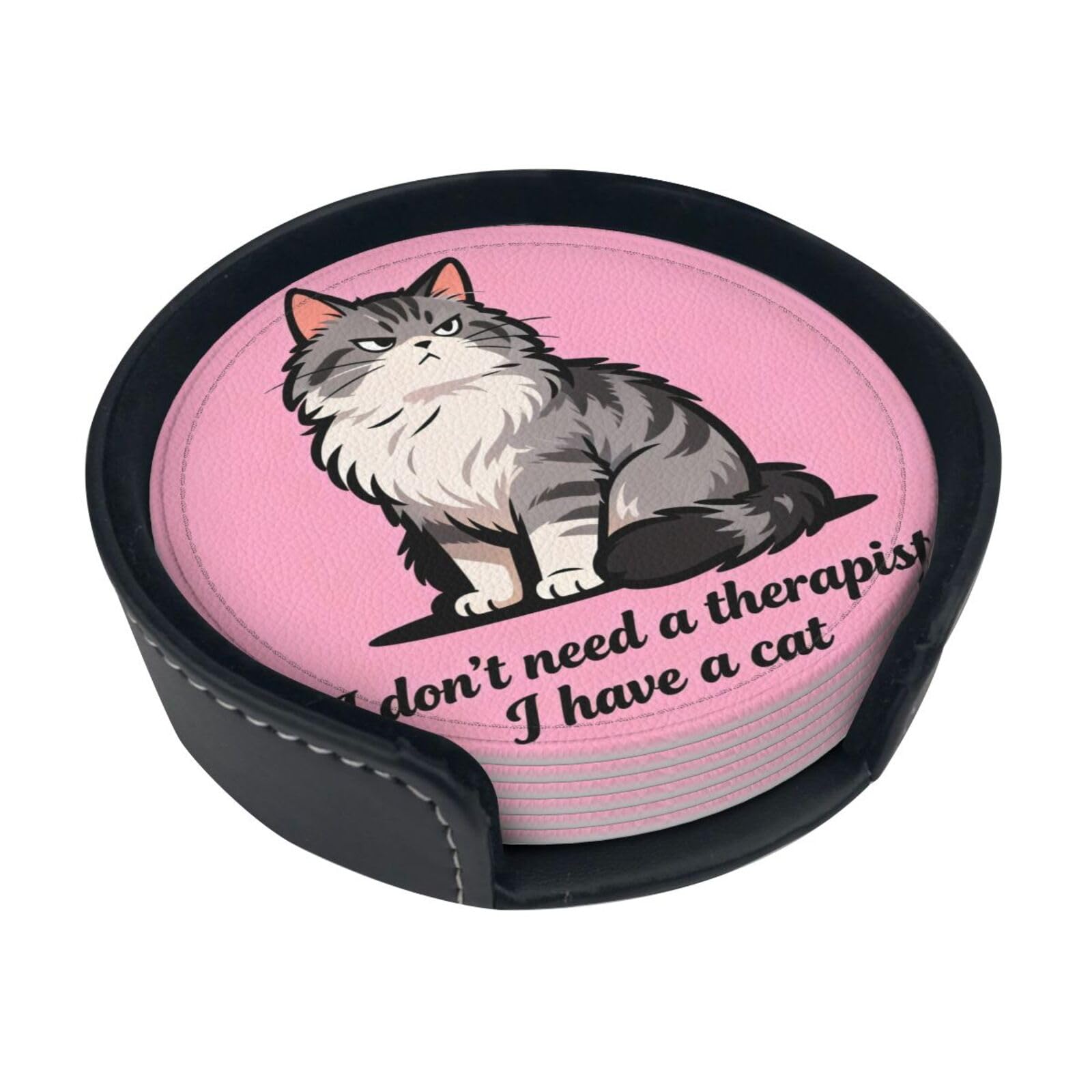 Cntdbu White Cat Endorsement Leather Coasters Set Of 6-Pu Leather Drink Mats For Table, Heat Resistant Round Coasters With Holder