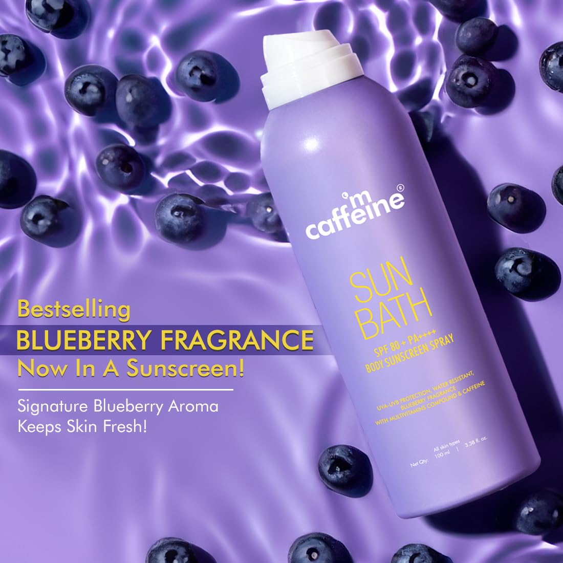 mCaffeine Sun Bath SPF 80+ PA ++++ Body Sunscreen Spray | High UV Protection | Invisible, Non-Greasy, 180 Mins Water/Sweat Resistant Cooling Spray| For All Skin Types | Blueberry Fragrance -100ml 1