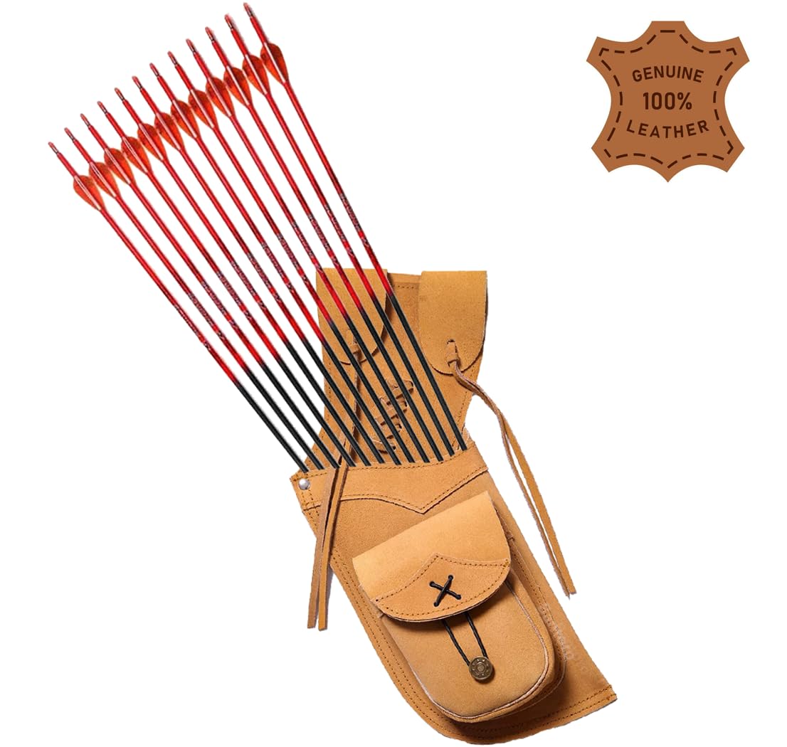 Carcaj de cuero tradicional hecho a mano para caza y deportes de tiro con arco, soporte de flechas de cuero auténtico, ligero y cómodo (bolsillo negro liso)