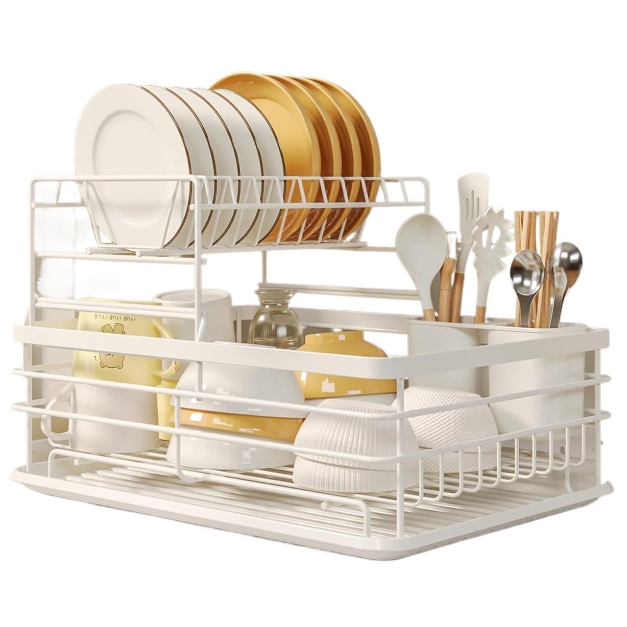AVkgwrtb Dish Drying Rack, 2 Tier Aluminum Dish Drying Rack With Utensil Holder, Multicolor(White)