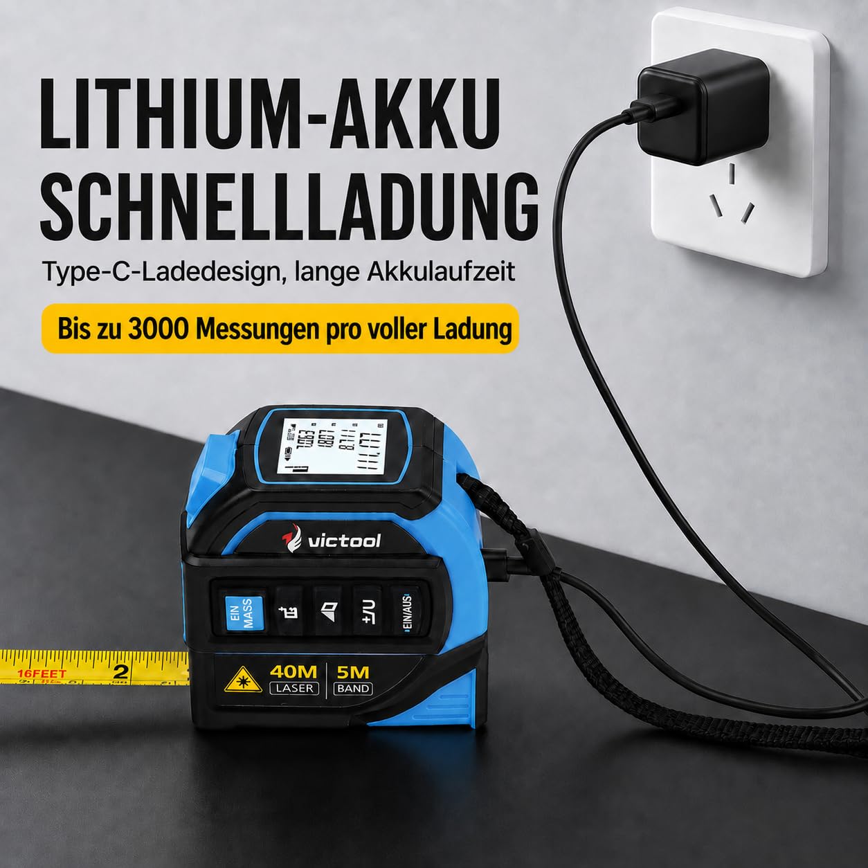 4-in-1 Laser Maßband 40m + 5m Bandmaß, Wiederaufladbarer Laser-Entfernungsmesser mit Wasserwaage und Kreuzlaser, IP54 Wasserdicht Digital Massband, für Heimwerker und Profis
