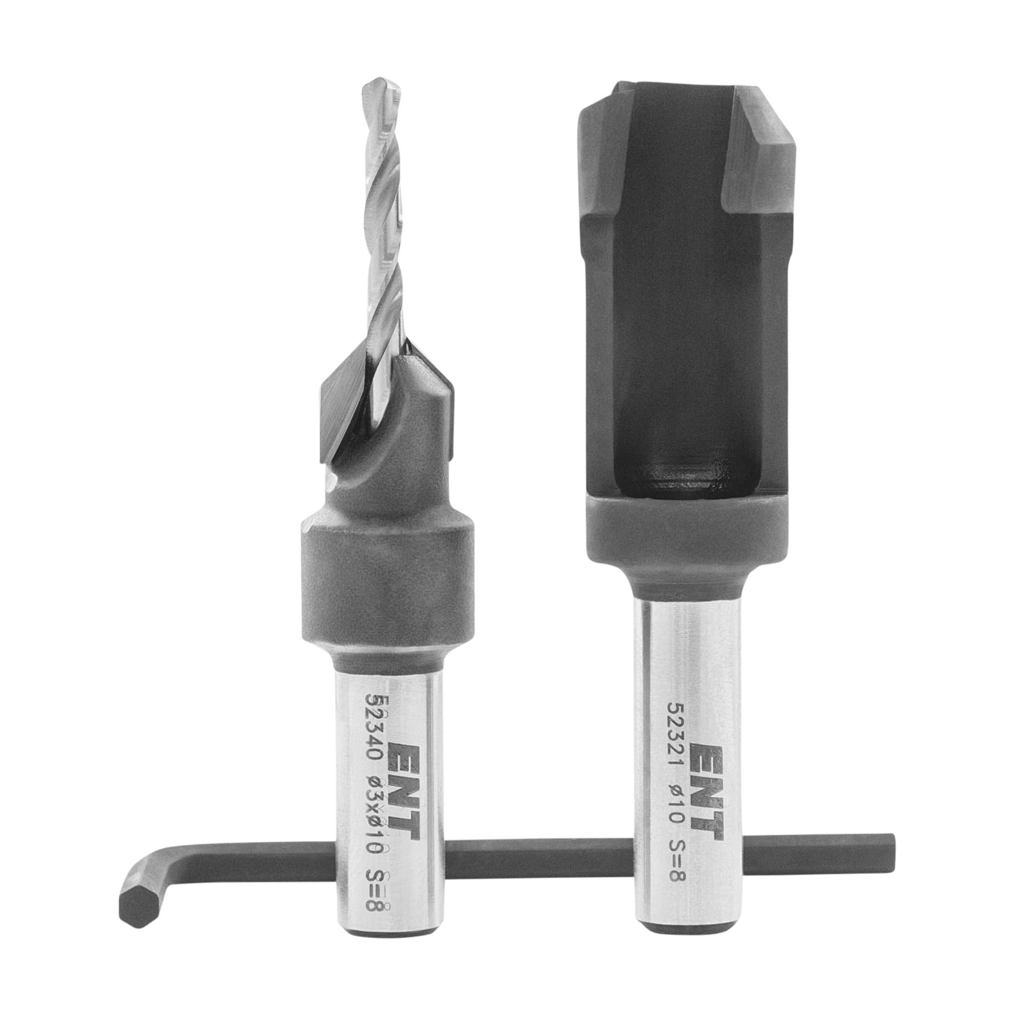 ENT 52410 Zapfenschneider-Senker-Set HW, Bohrer Ø 3 mm, Versenker Ø 10 mm, E 90 °, Zapfen 19x10 mm