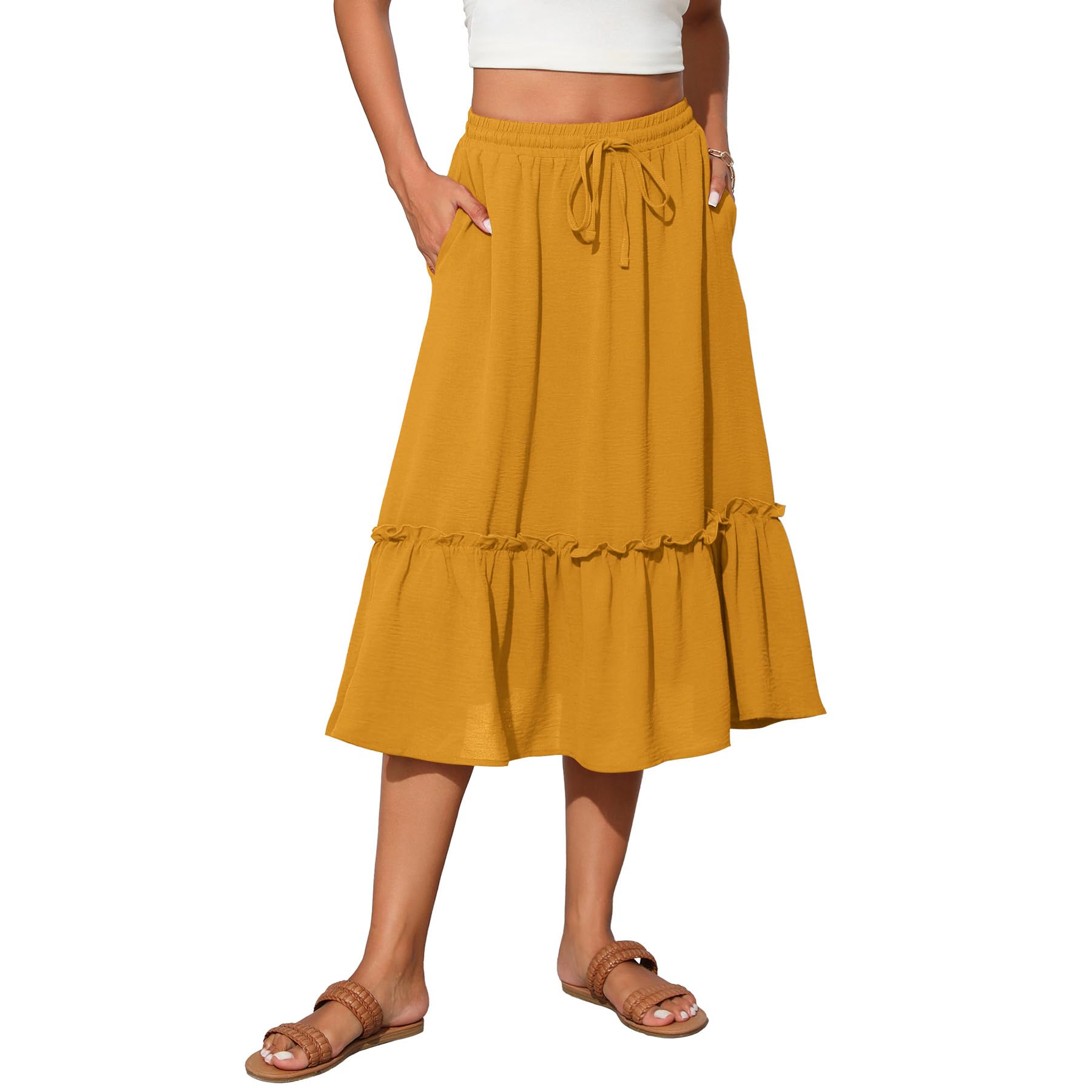 Witsmile Womens High Waist Tiered Midi Skirt Flowy Long Length with Pockets