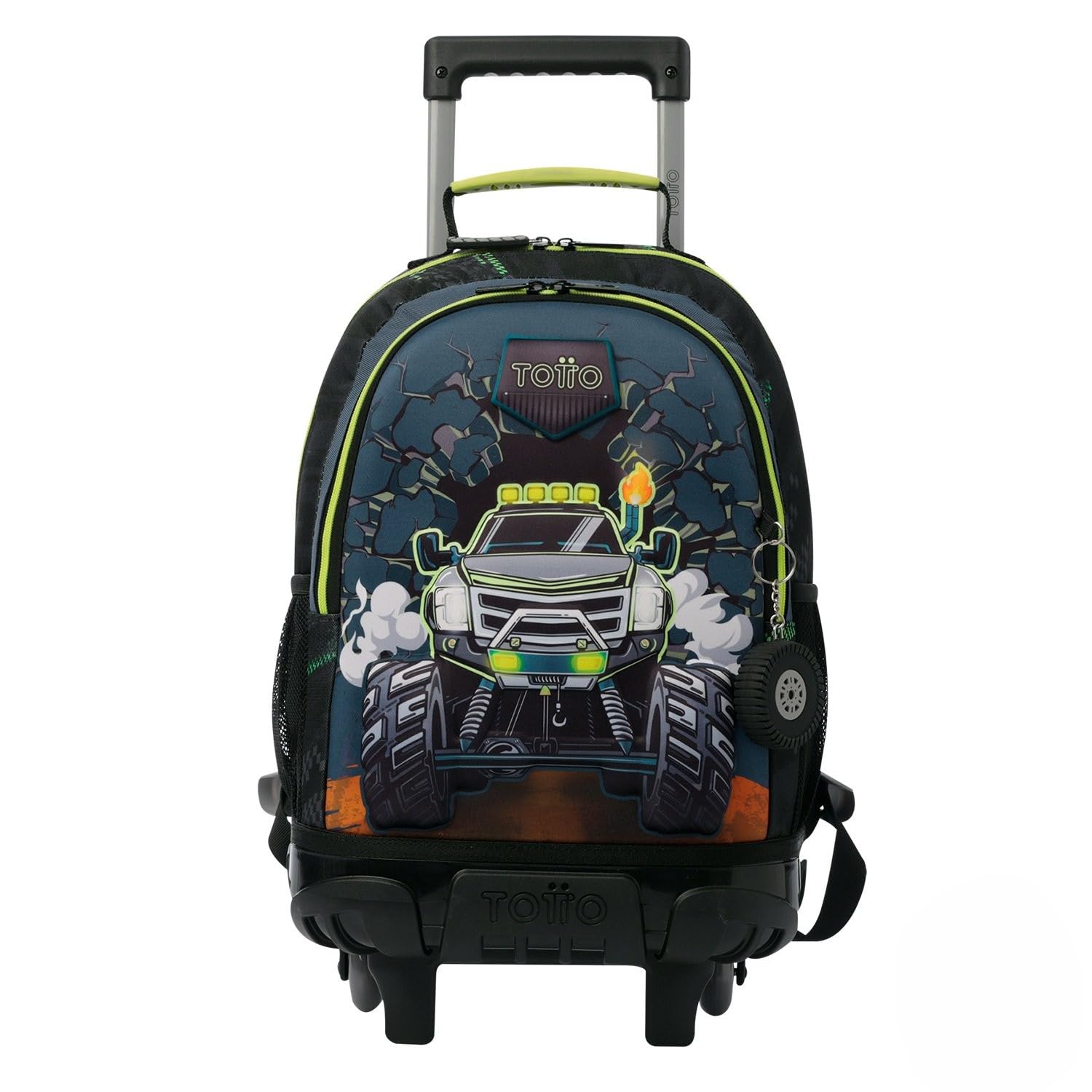 TOTTO - Mochila Escolar con Ruedas, Modelo Monster Race M, Mochila Mediana, Capacidad 23 L, Bolsillos Botella, Organizador Interno, Protección en la Base, Correas Ajustables, Color Negro