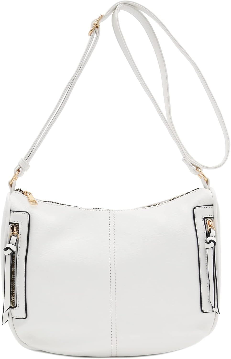 Faux Leather Two Front Zipper Pocket Crossbody Saddle Bag (White)