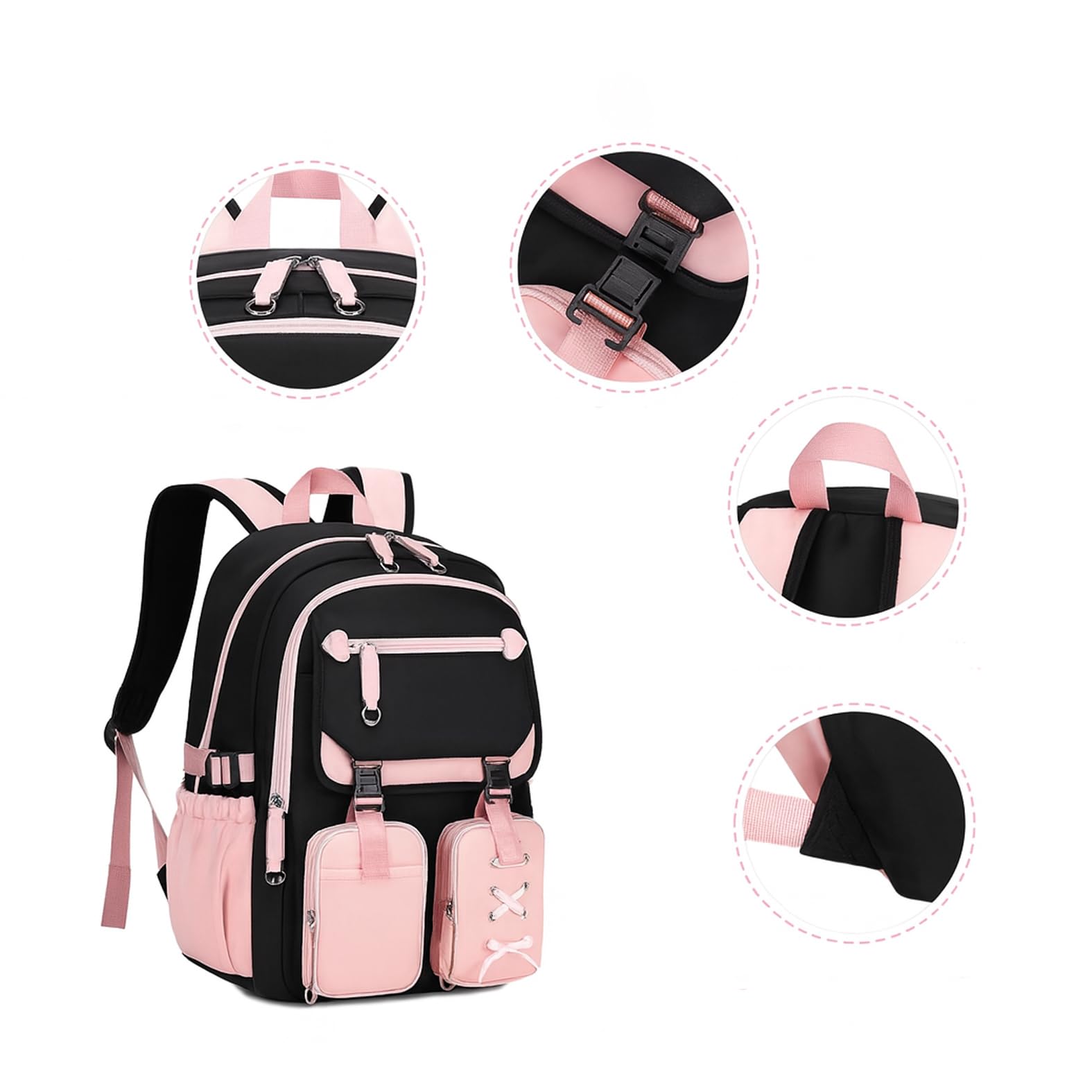 Elegante set di 3 zaini per la scuola per ragazze: impermeabile e leggero con borsa per il pranzo e astuccio, nylon di grande capacità