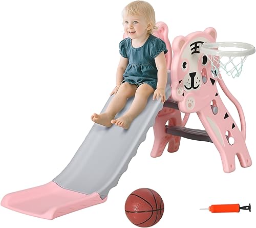 Qaba Tobogán 3 en 1 para niños pequeños, juguete para niños, fácil de instalar, con aro de baloncesto para niños de 18 a 36 meses, color rosa