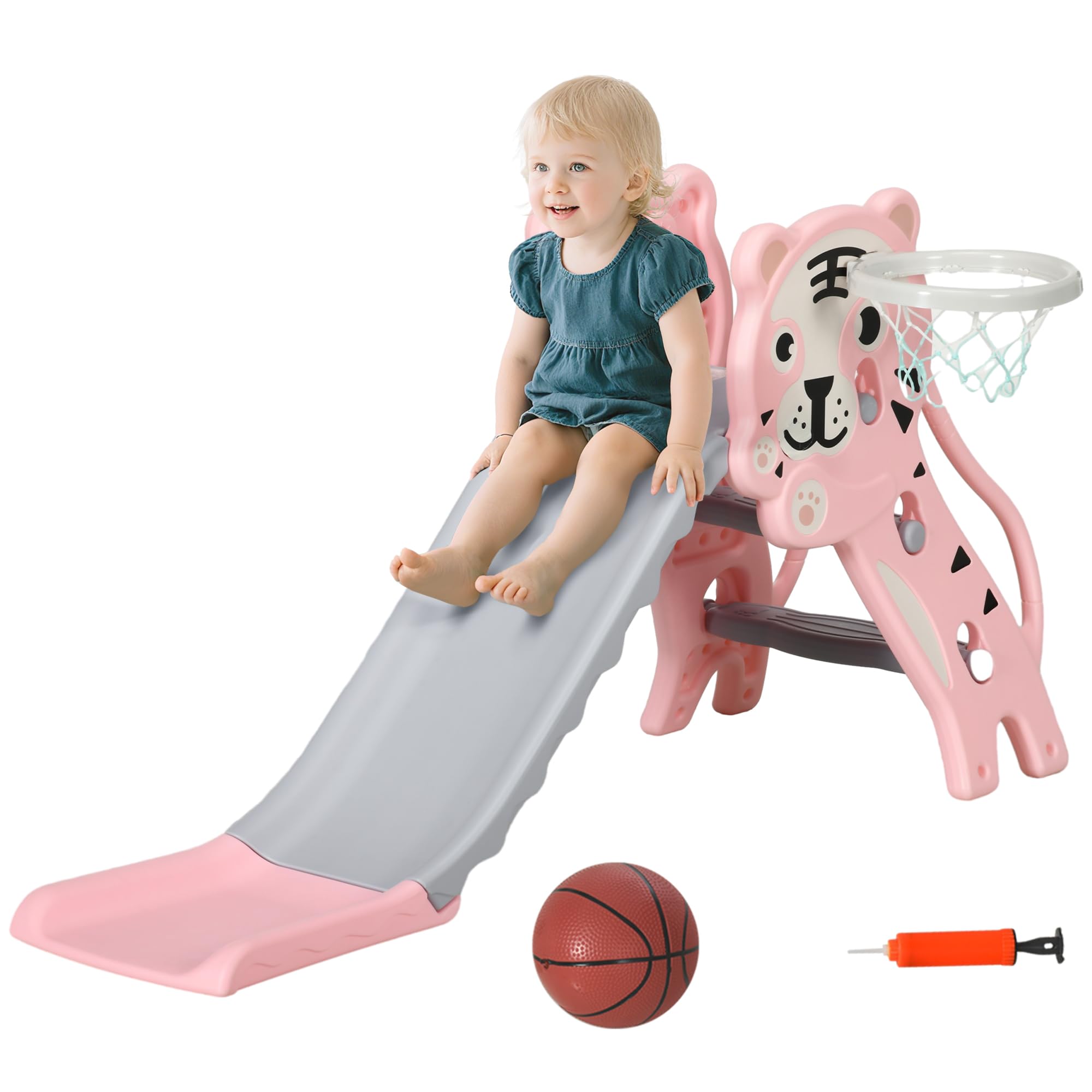 AIYAPLAY Kids Slide, 3 in 1 Freestanding Toddler Slide with Basketball Hoop, Climber, Basketball, Indoor Outdoor Tiger-Themed Playset for Ages 18-36 Months, Pink