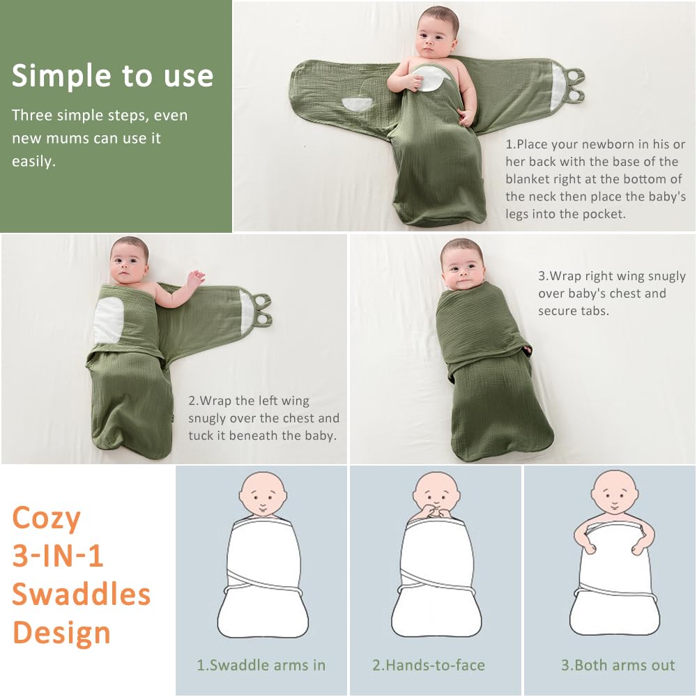 Coperta avvolgente per neonati, in cotone biologico traspirante, regolabile, per bambini da 0 a 6 mesi (verde, 0-3 mesi)