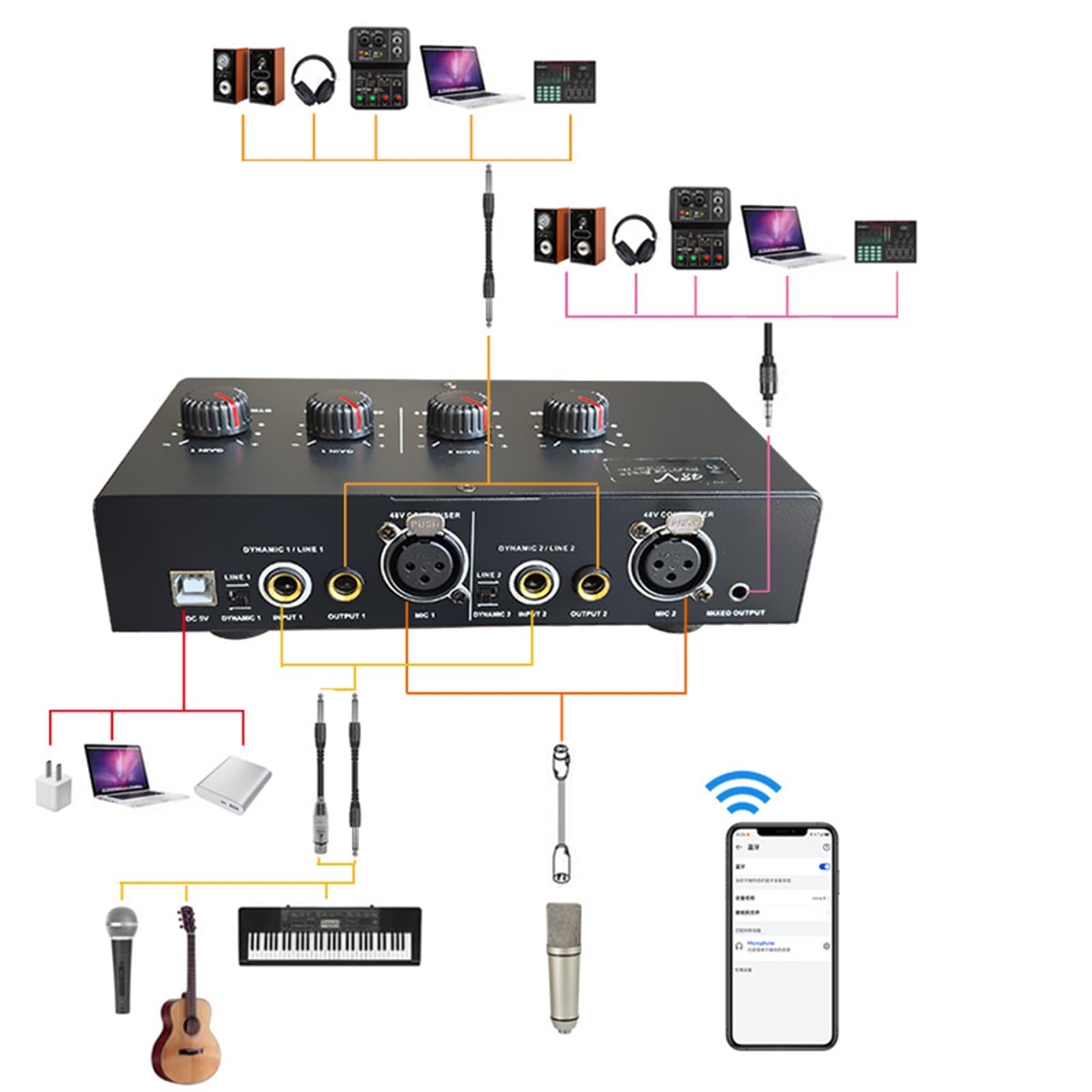 Preamp Microfono A Doppio Canale per Microfoni Dinamici E Condensatori con Microfono Dinamico da 50 E Potenza