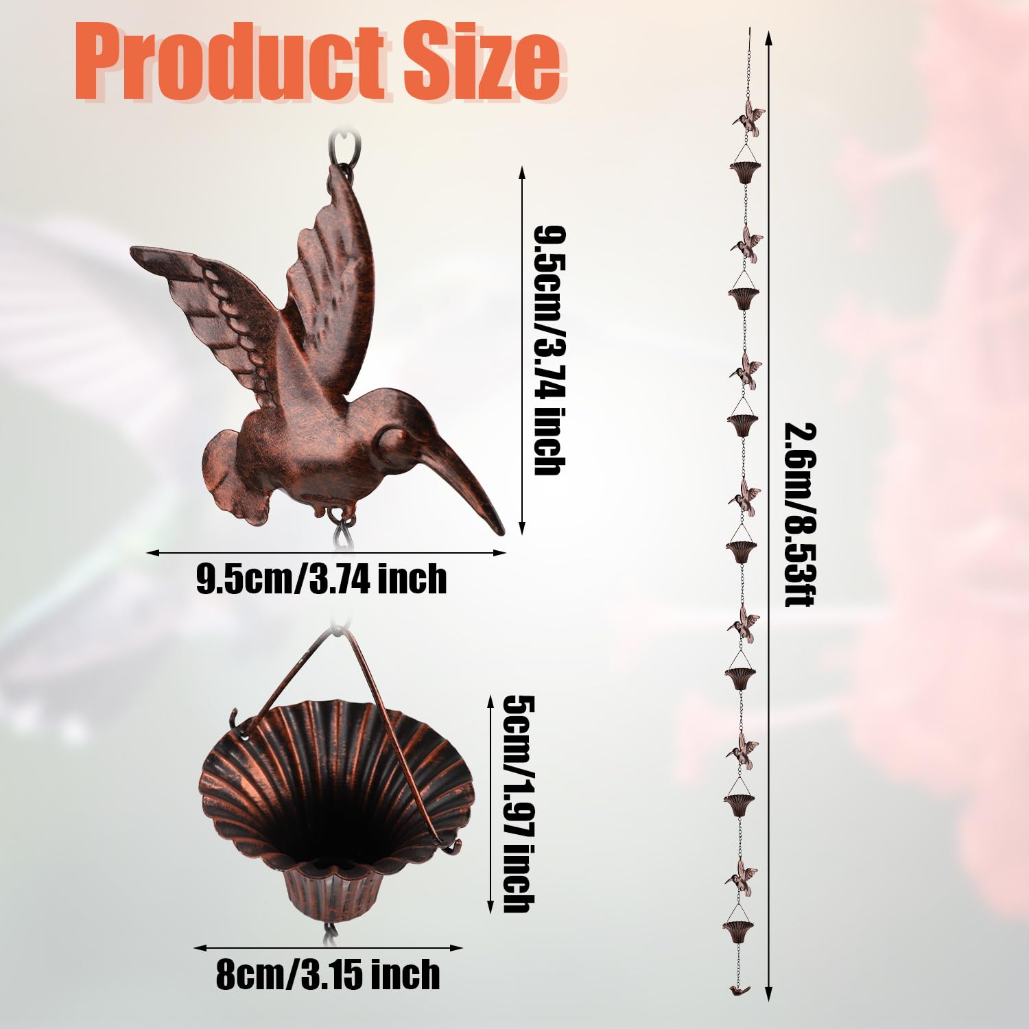 NQEUEPN Cadena Lluvia Pájaros, 2,6 m Cadena Lluvia Colibr Metal Cadena de Bajante Decorativa Campanilla Agua Lluvia CadenaCanalón Lluvia para Exteriores Decoración para Terrazas, Villas, Patios