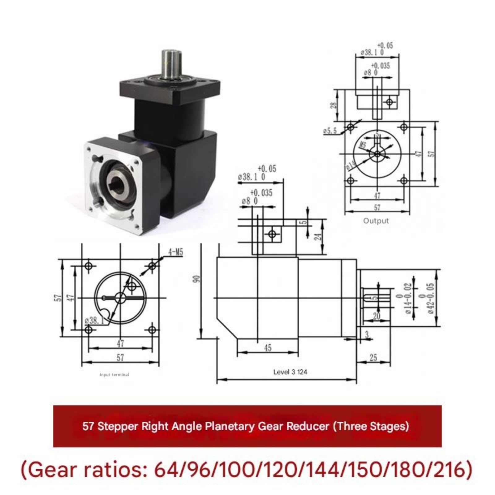 Motor paso a NEMA23 57, relación reductora planetaria de ángulo recto 90 grados, 64:1-216:1 for CNC con una respuesta rápida(180:1)