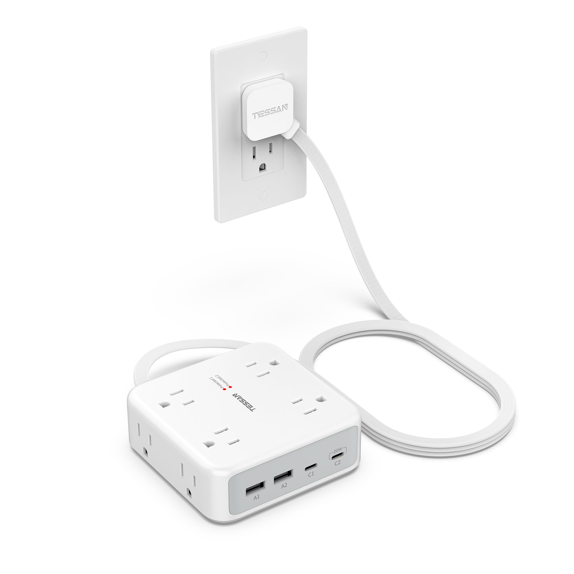 5ft Flat Plug Extension Cord Indoor, TESSAN Surge Protector Power Bar with 4 USB (2 USB C), Power Strip with 8 Multi Plug Outlets, Charging Station Wall Mount for Dorm Room Home Office