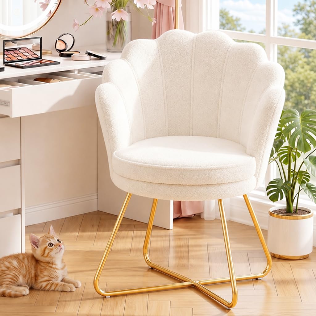 Hellove Silla Sherpa para Tocador y Dormitorio, Sillón Relax de Tela Suave con Piernas Metálicas Doradas, Diseño en Forma de Concha/Floreta, Silla de Maquillaje para Dormitorio/Salón, Blanco