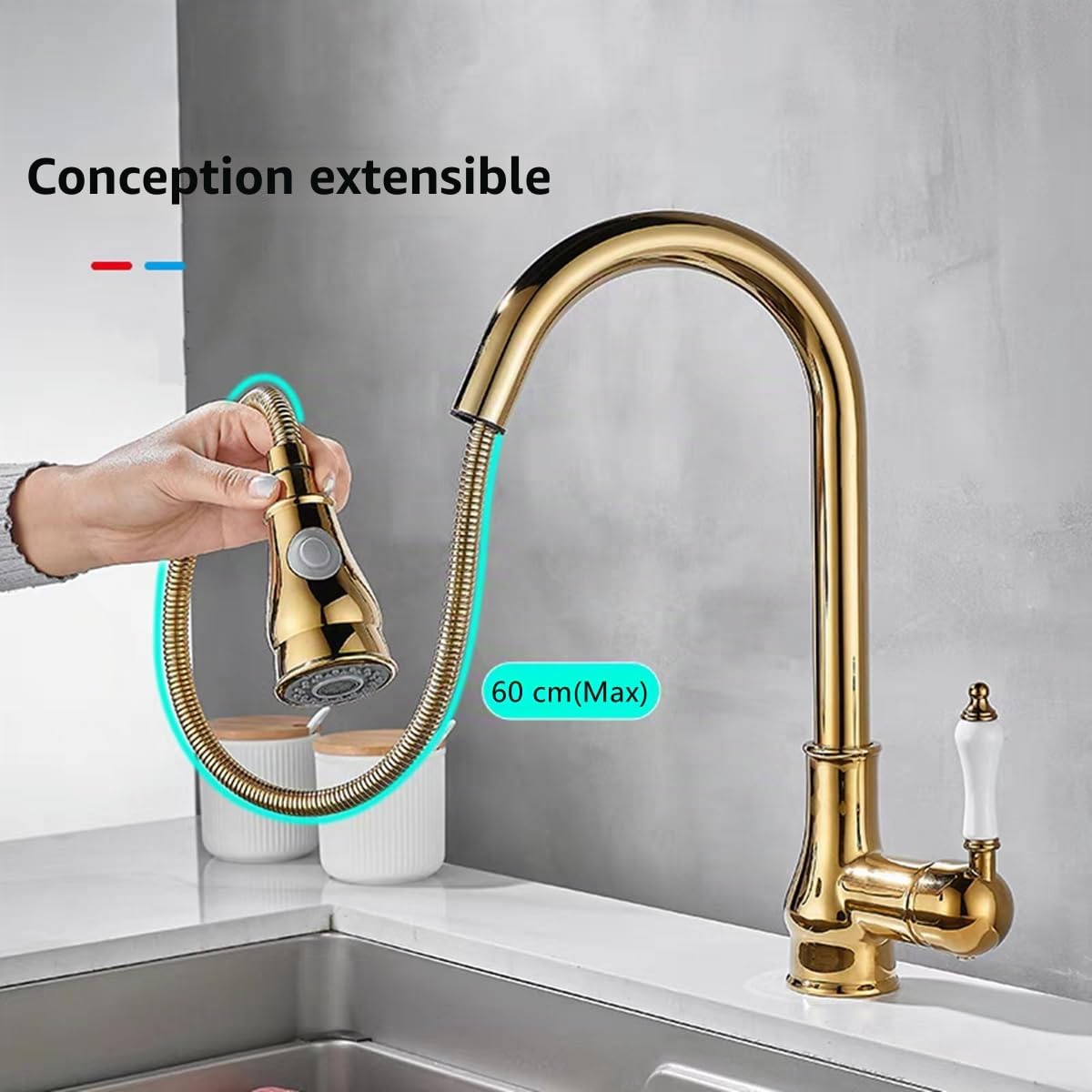 Robinet Cuisine Doré Mitigeur Cuisine avec Douchette Extractible 2 Modes