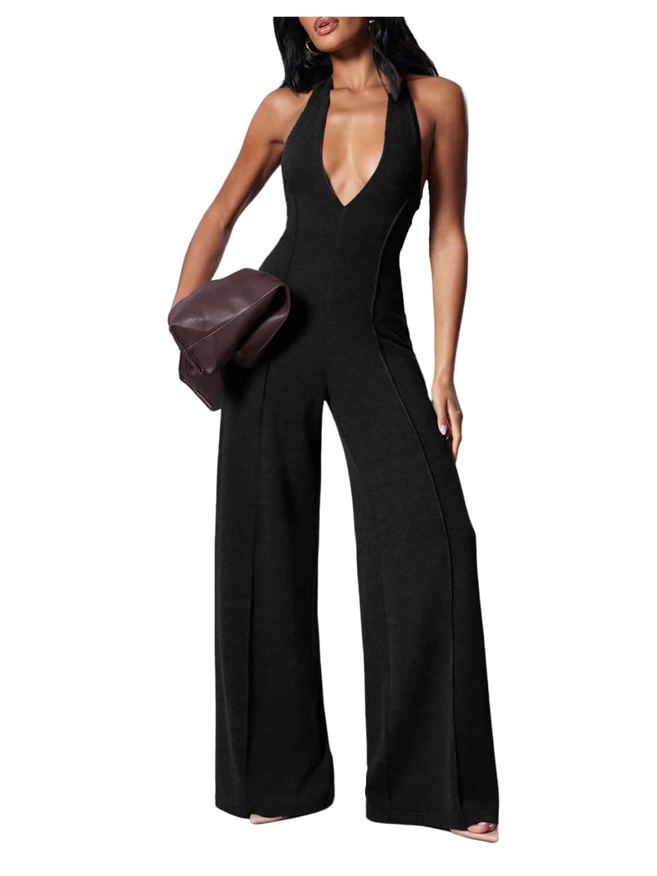 WDIRARA Women's Halter Jumpsuit Deep V Neck Backless Wide Leg Pants Romper | Sexy, Going Out, Open Back Jumpsuit