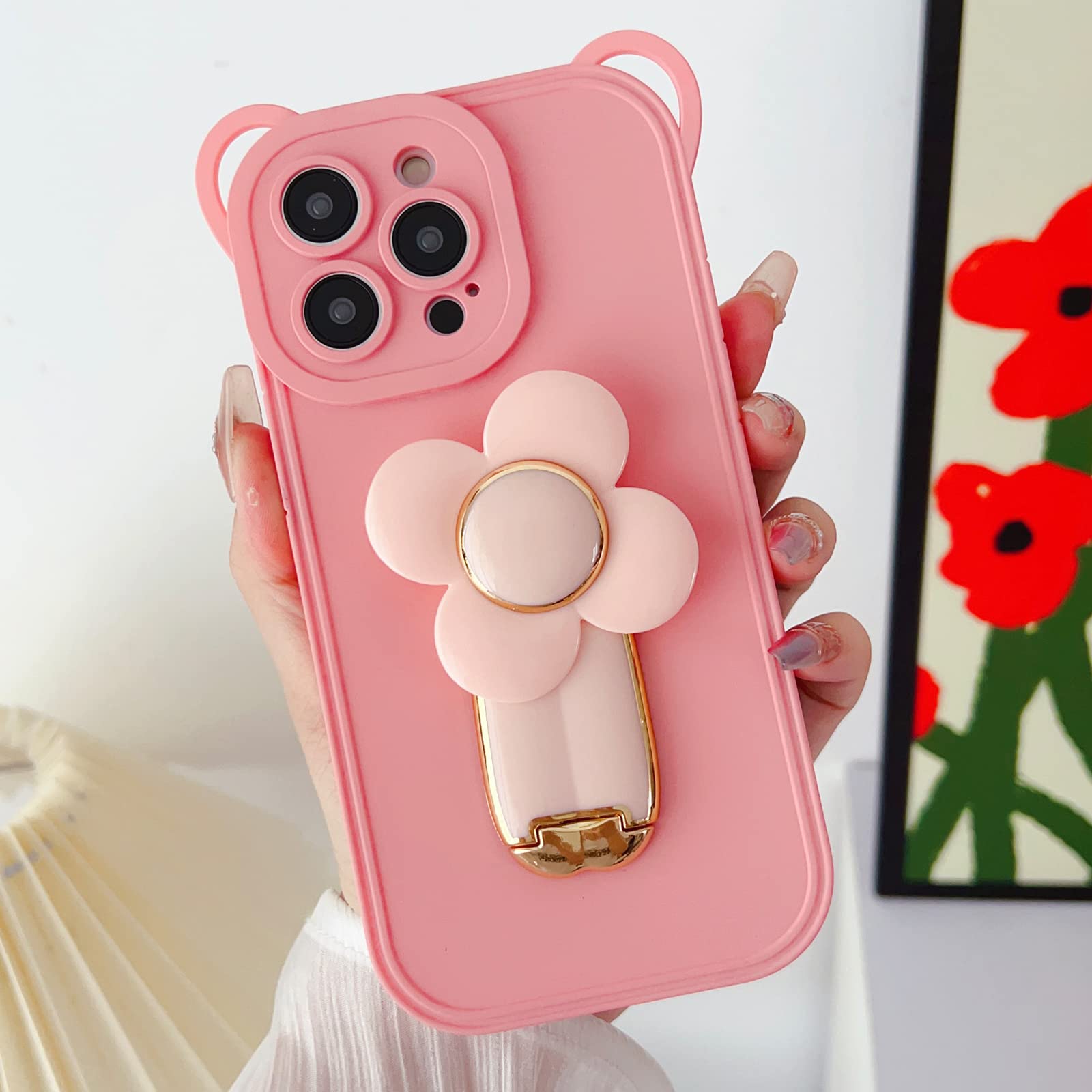 LUVIfor iPhone 14 Pro Max Case Silicone Stand Case Flower Kickstand Holder Invisible Platin Bracket Soft Cute Bear Luxury Bumper Fashion Protection Shockproof Case for Women Girls Pink