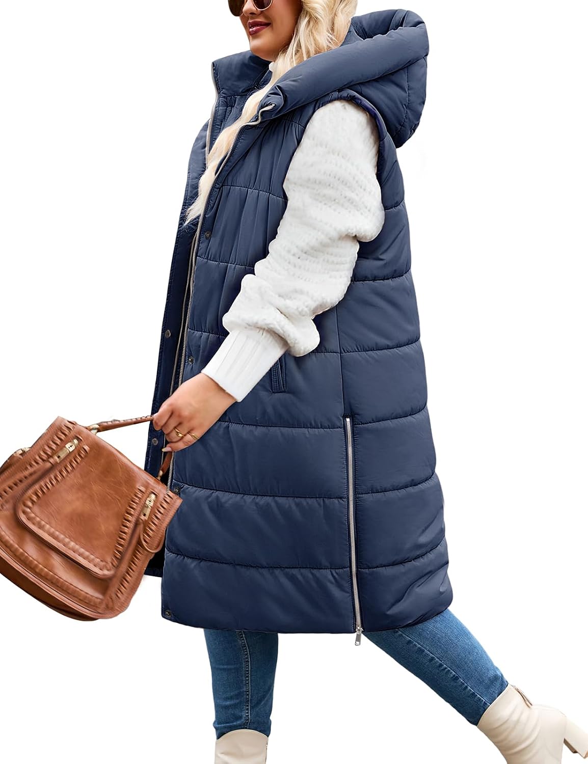 Voqeen Women's Plus Size Long Hooded Puffer Vest Lightweight Padded Gilet | Water-Repellent Fabric, Large Warm Hood, Two Side Pockets, Side Opening Slits, Knee-Length Cut, Fall Winter Layering Vest