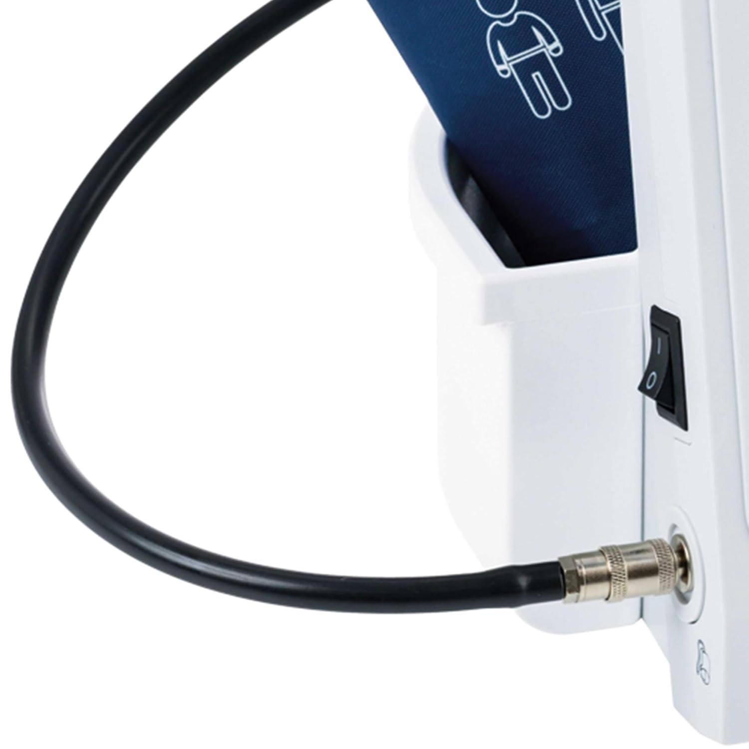 Close-up of the cuff connection port and power switch on the Riester RBP 100.