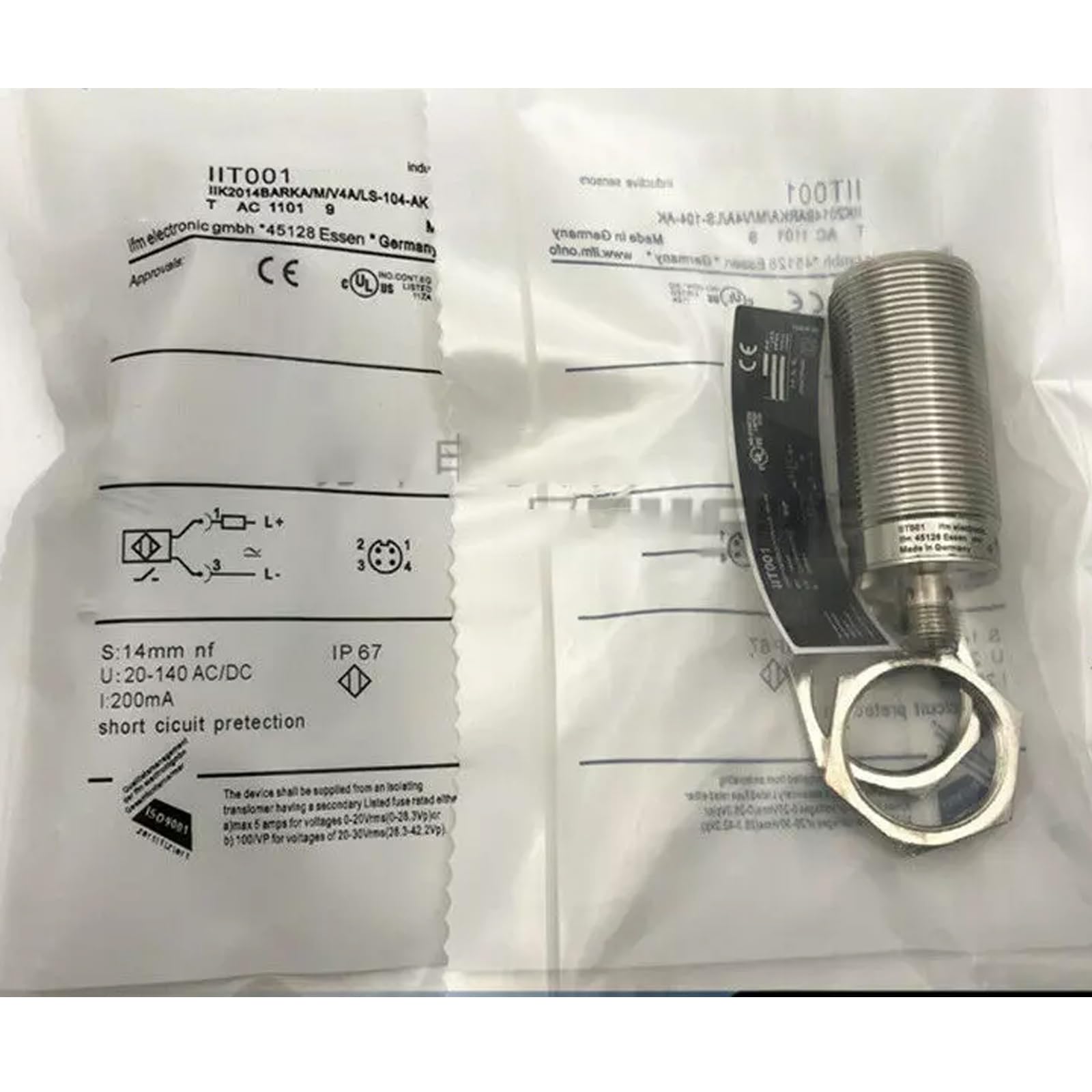 Tsnwinme IIT001 IIT001 Inductive Sensor, Sensing Range 14 mm Flush mountable; Operating Voltage 20...140 AC/DC V; 2-Wire; 1/2
