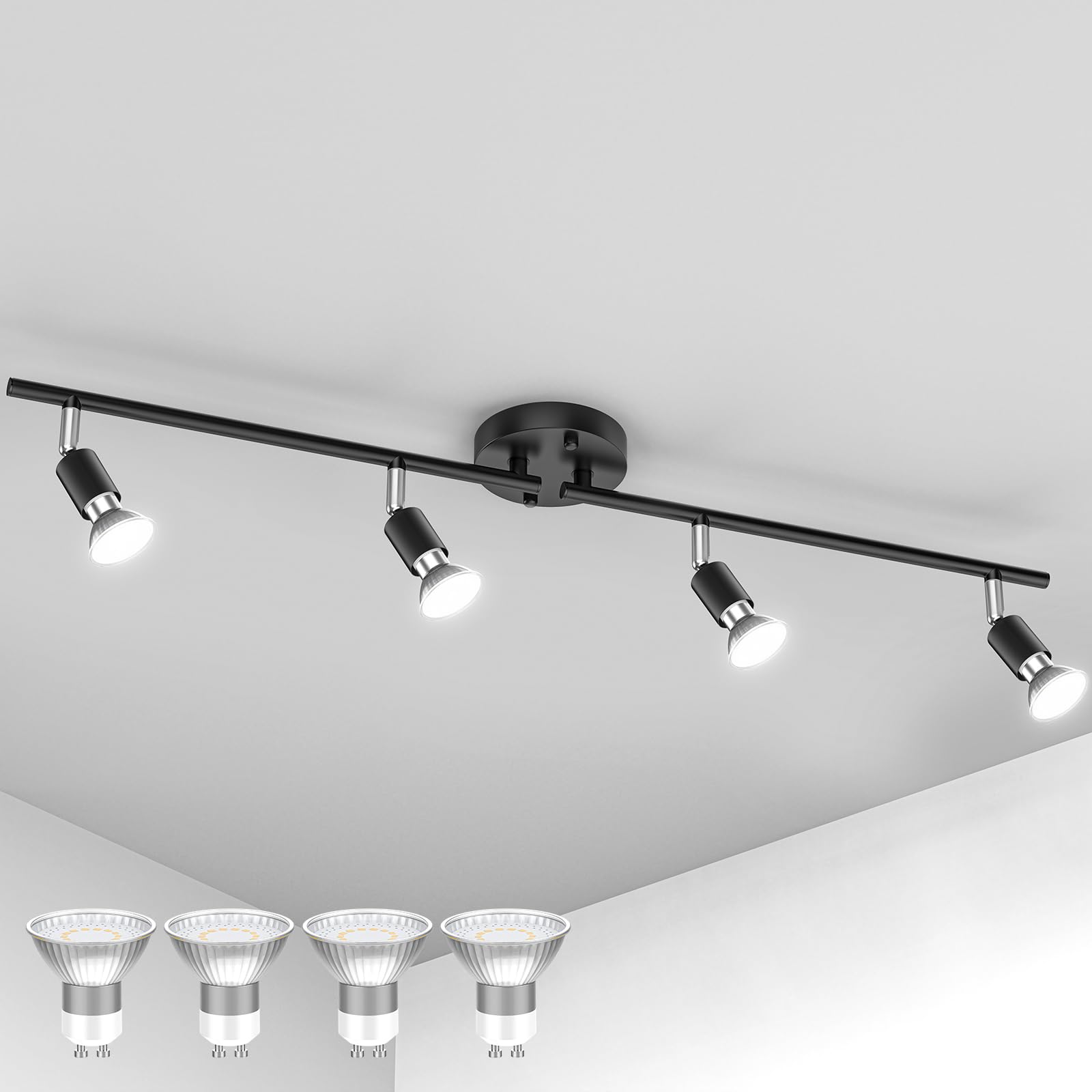HURYEE Track Lights Ceiling, Black 4 Way Light Fixtures for Kitchen Hallway Bedroom Gallery Fixture Directional Accent Lamp Include 4 Bulbs (4W, Daylight White)