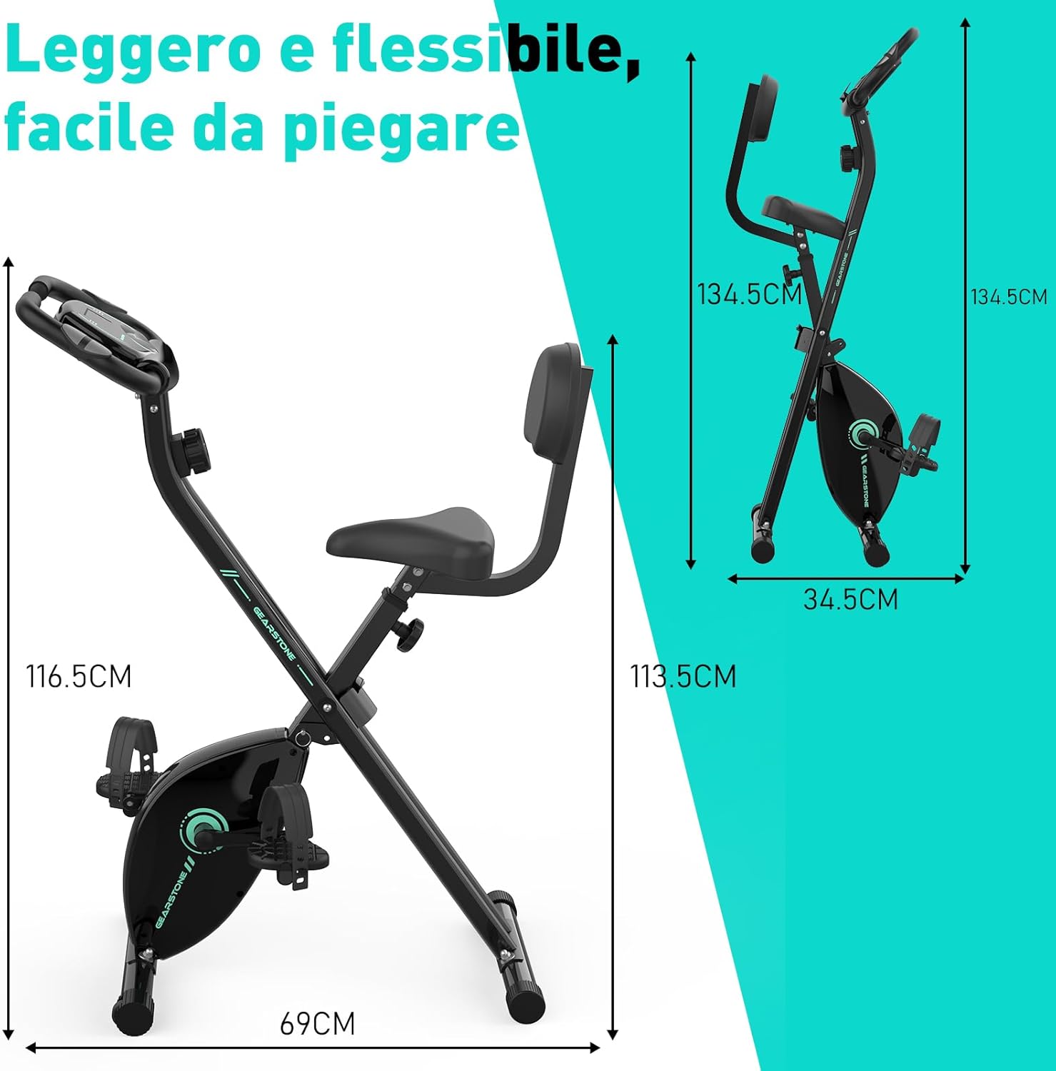 GEARSTONE Foldable Magnetic Exercise Bike in its assembled, upright position, showing its compact design and dimensions.