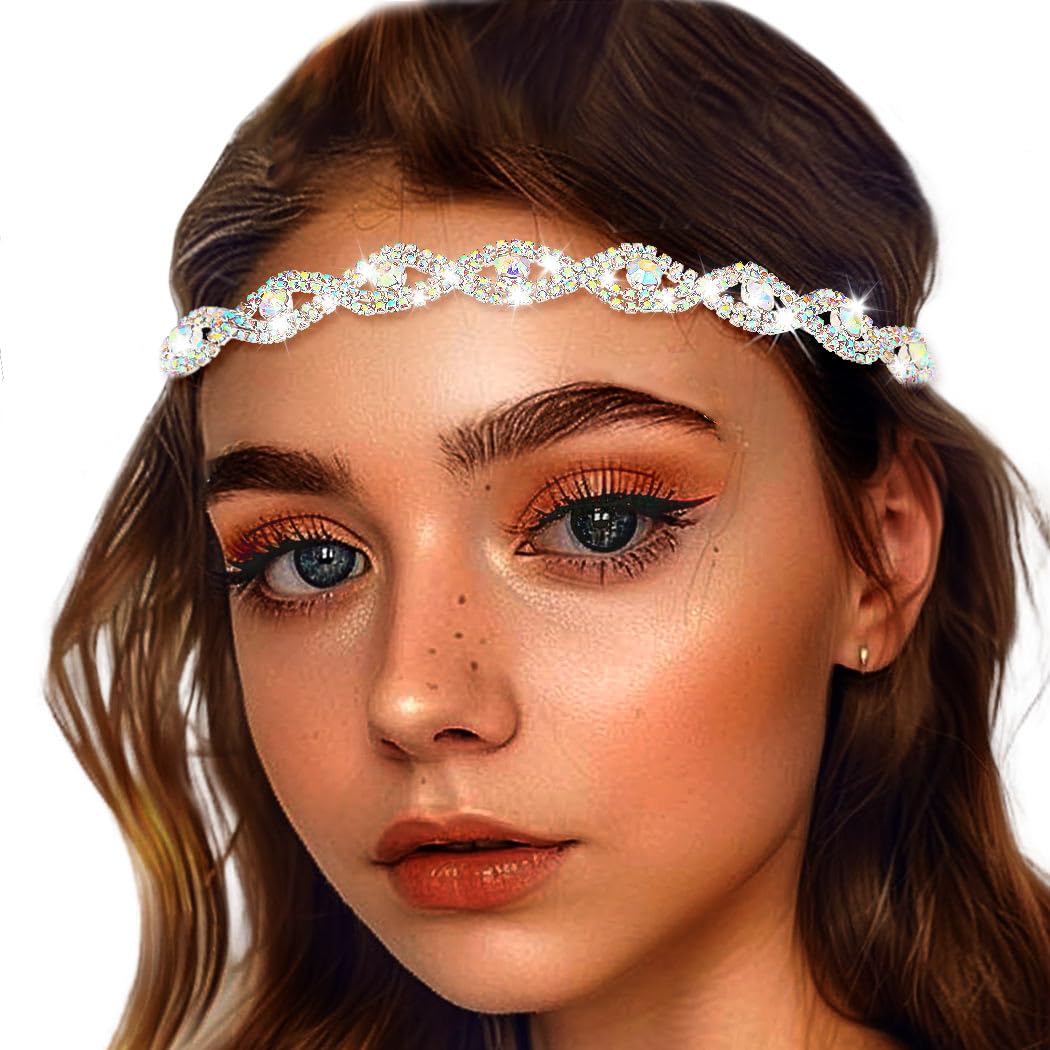 Yokawe Wedding Rhinestone Headband Crystal Head Chain Elastic Bridal Sparkle Multicolors Headpieces for Women (Silver B)