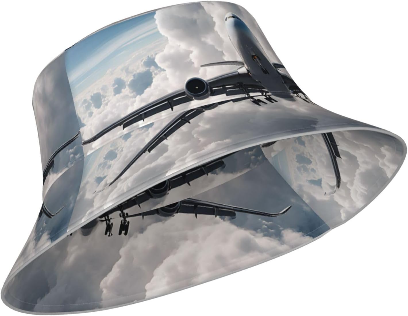 (Airplane Art) Reflective Reversible Bucket Hat Foldable Breathable Stylish Two-Way Wear for Outdoor Travel Daily Activities Black