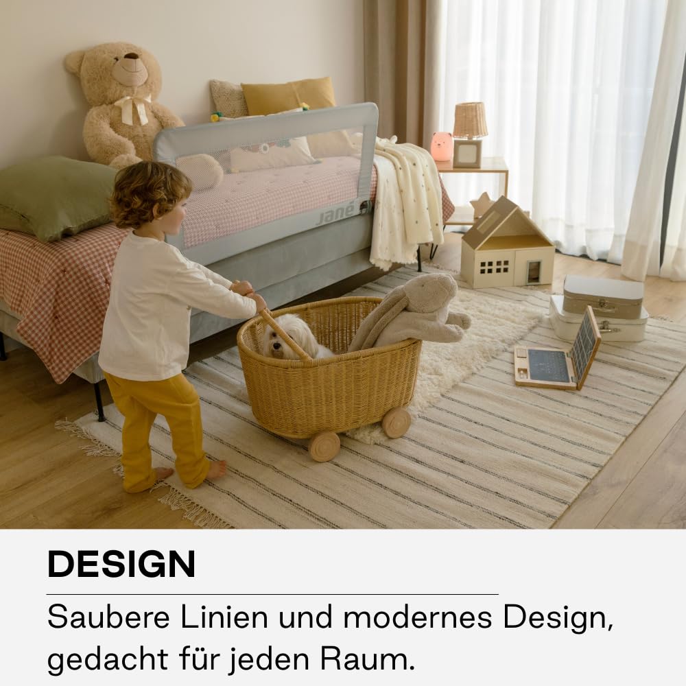 Jané Klappbares Kinderbettgitter 140 cm, Extra Hoch, Atmungsaktiv, inkl. Transporttasche, Grau