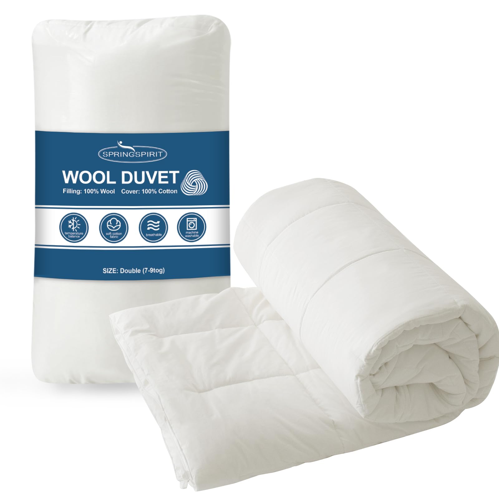 SPRINGSPIRIT Premium All-Season Wool Duvet 7-9 Tog | 200x200cm Double | 100% Washable New Zealand Wool & Cotton Cover | Year-Round Temperature Regulating & Hypoallergenic Quilt