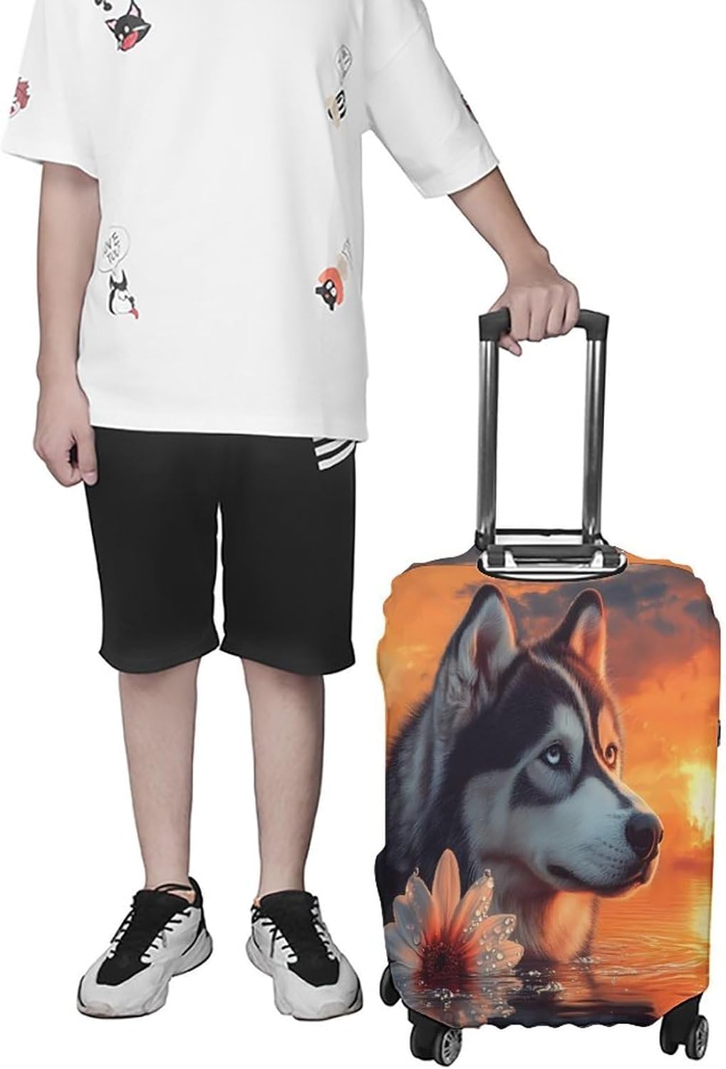 Siberian Huskie Dog Sunset Funny Travel Luggage Case Cover Elastic Suitcase Protector Washable Baggage Covers Fits 19-32 Inch
