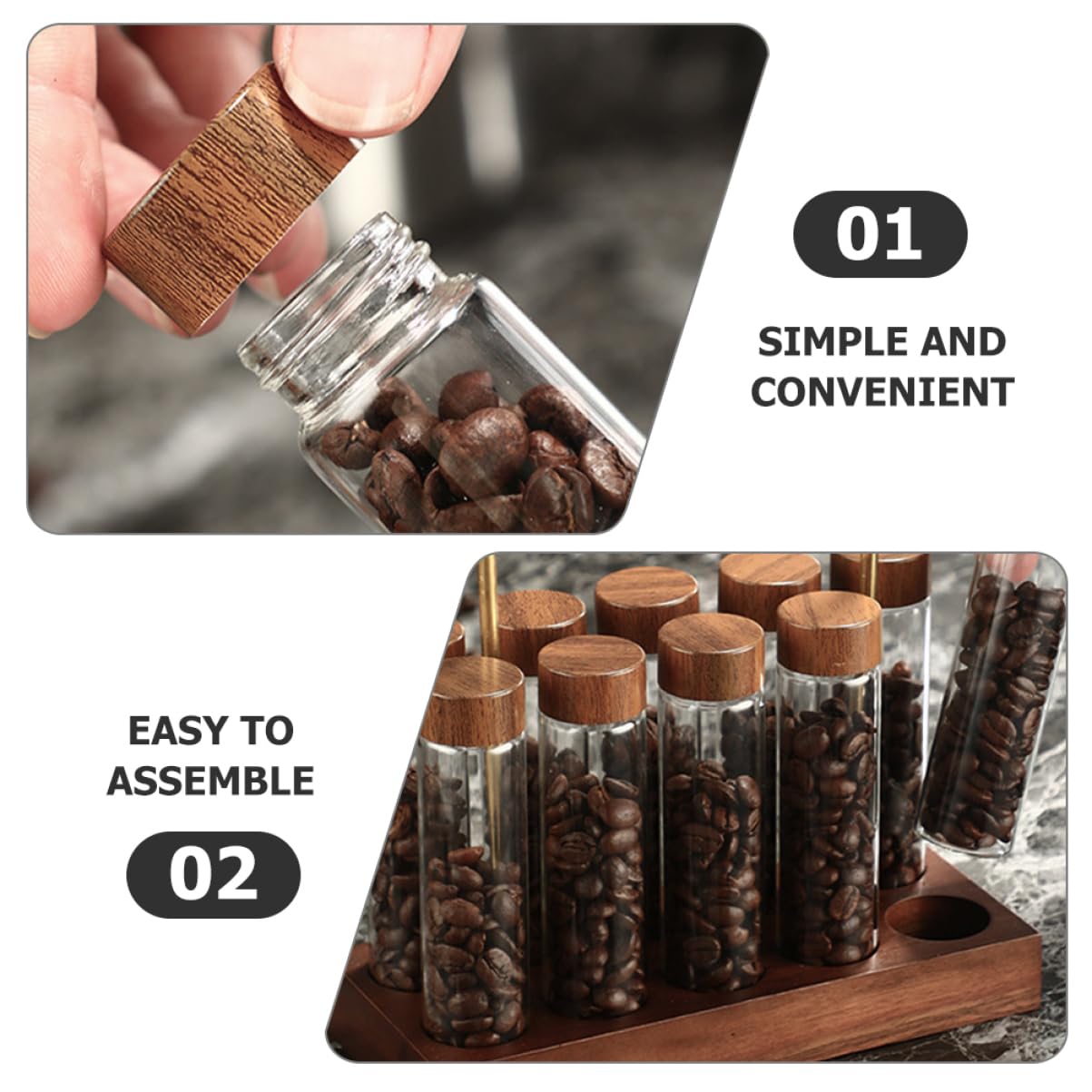 Happyyami Kaffeebohnen Behälter aus Glas mit Holzständer Kaffeebohnenröhre zur Frischebewahrung für Küche und Wohnung