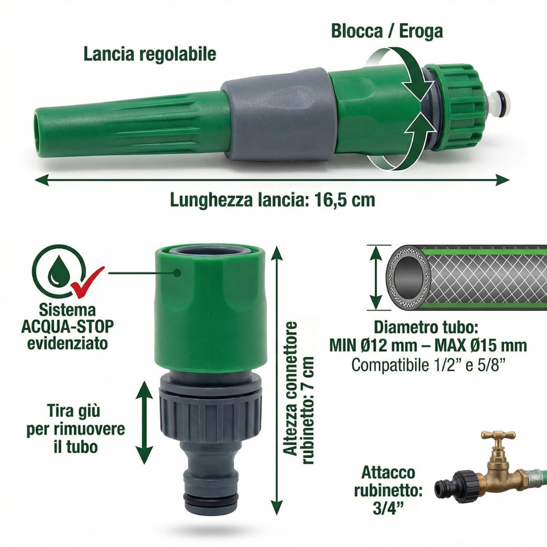 MAKA Kit Tubo Acqua Giardino 5/8 Pollice 50 Metri 3 Strati 12.5mm con Accessori Innesto Rapido Pressione 20 Bar Flessibile Retinato Resiste Caldo Gelo UV Riciclabile (5/8" 50 metri)